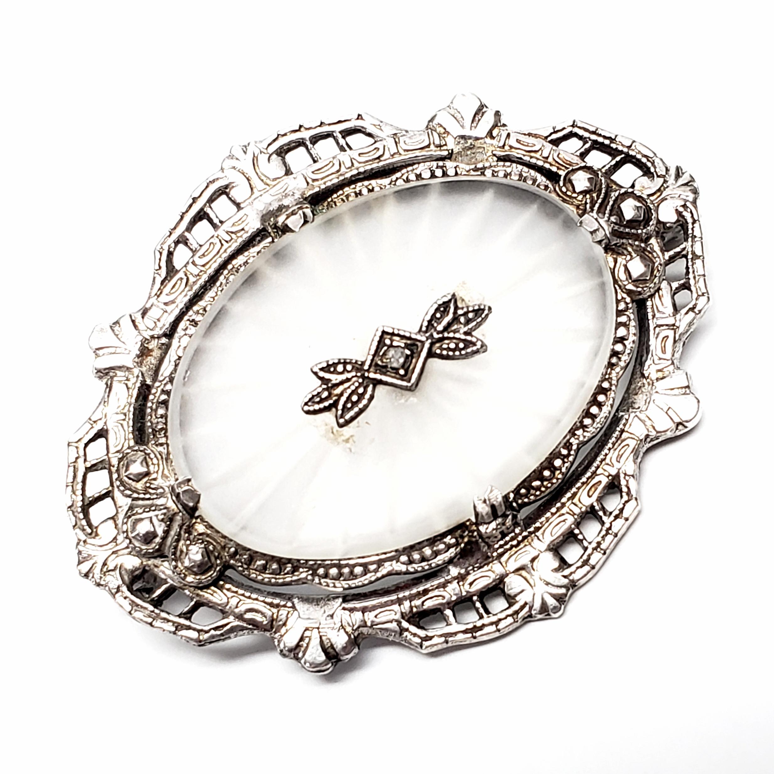 Sterling Silver Camphor Glass Diamond Pin or Brooch In Good Condition In Washington Depot, CT