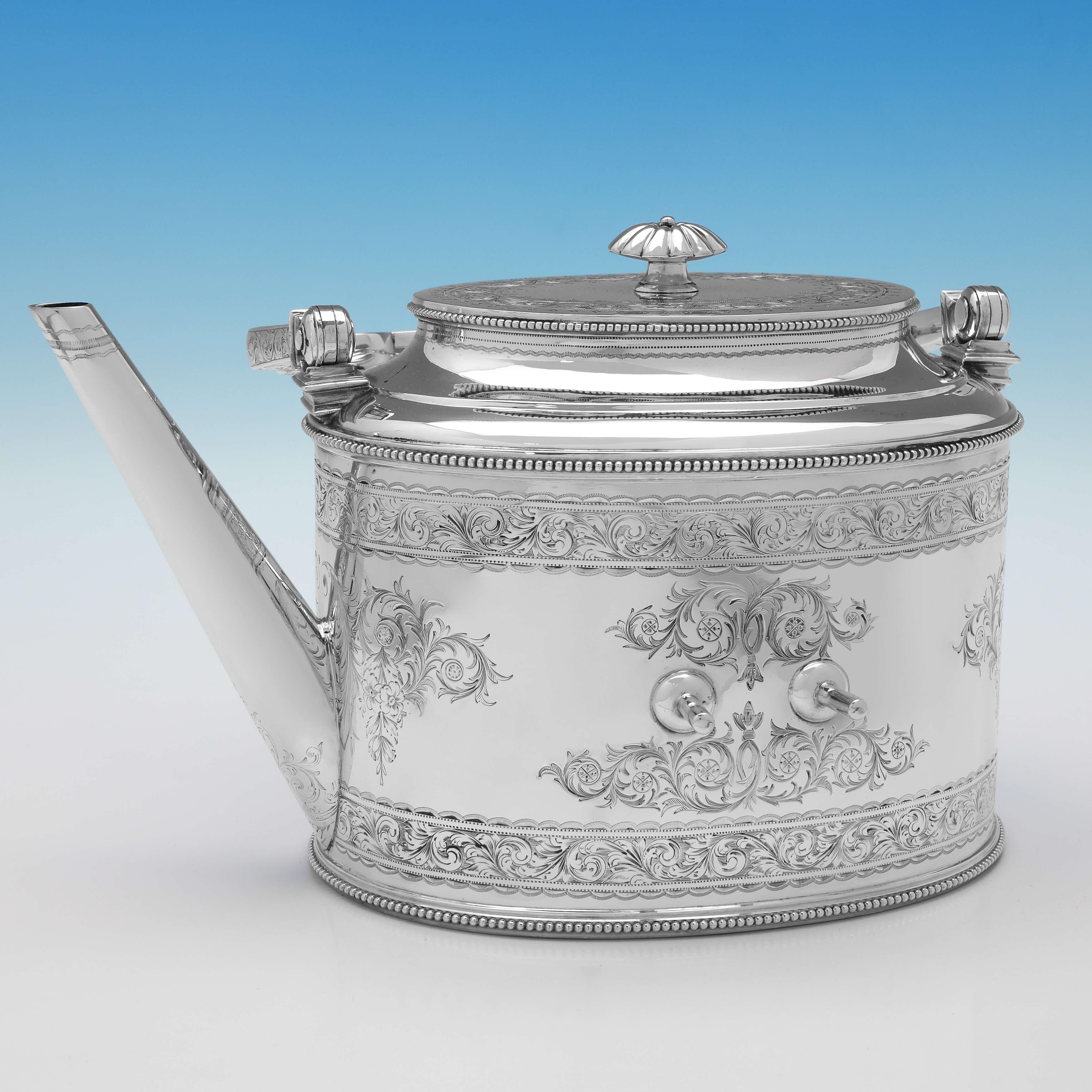 English Stunning Engraved 'Can Shape' Victorian Sterling Silver Kettle, London, 1870