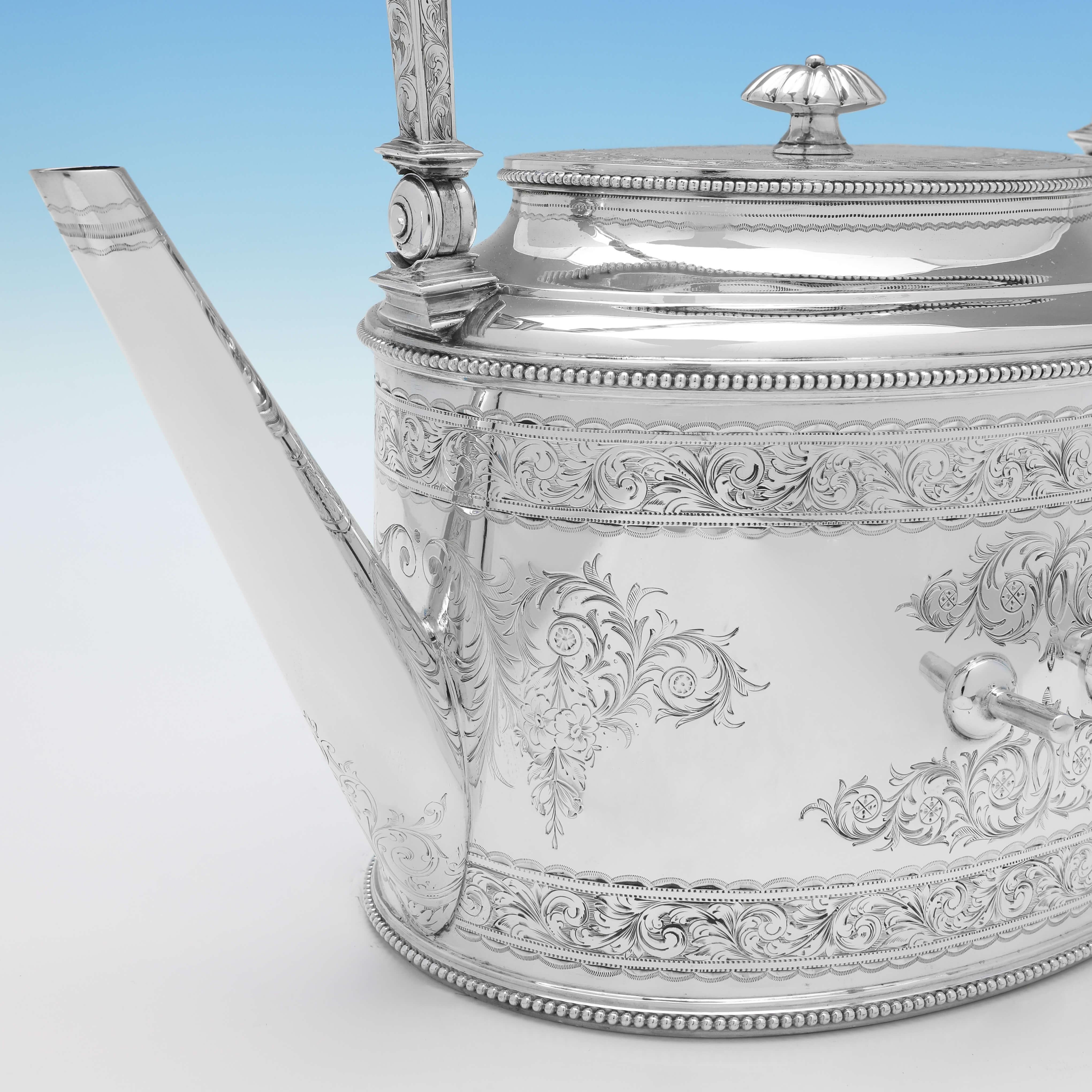 Stunning Engraved 'Can Shape' Victorian Sterling Silver Kettle, London, 1870 1
