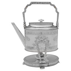 Stunning Engraved 'Can Shape' Victorian Sterling Silver Kettle, London, 1870