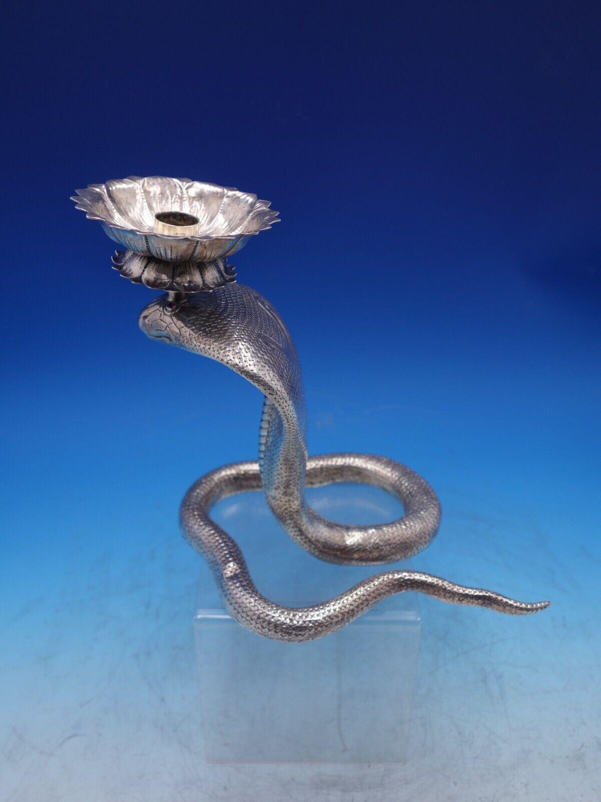 Captivating Egyptian Revival sterling silver (not stamped) candle holder with 3-D cobra design with synthetic ruby eyes (unmarked/maker unknown). This piece measures 8 1/2