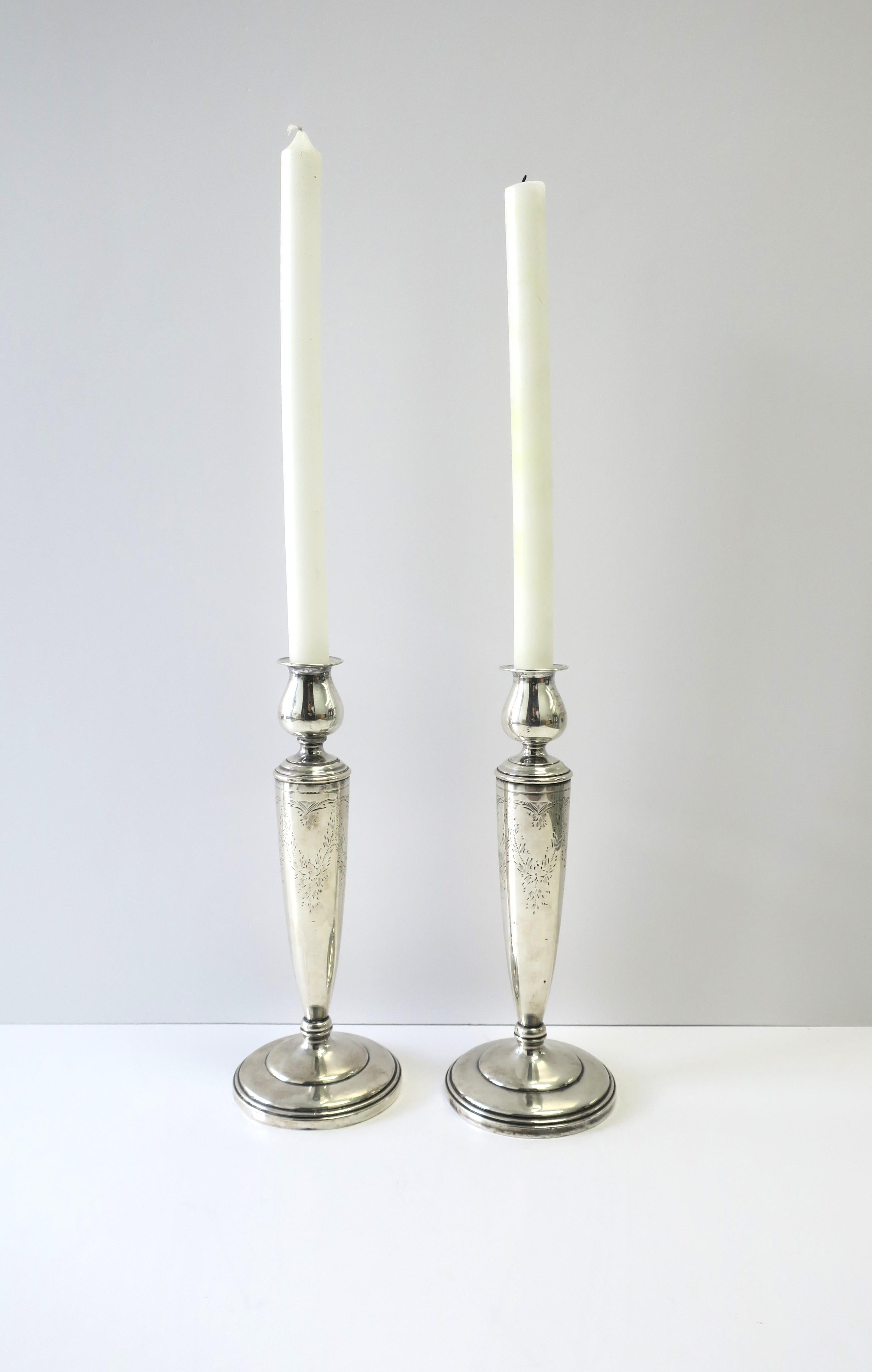Etched Sterling Silver Candlesticks, Pair