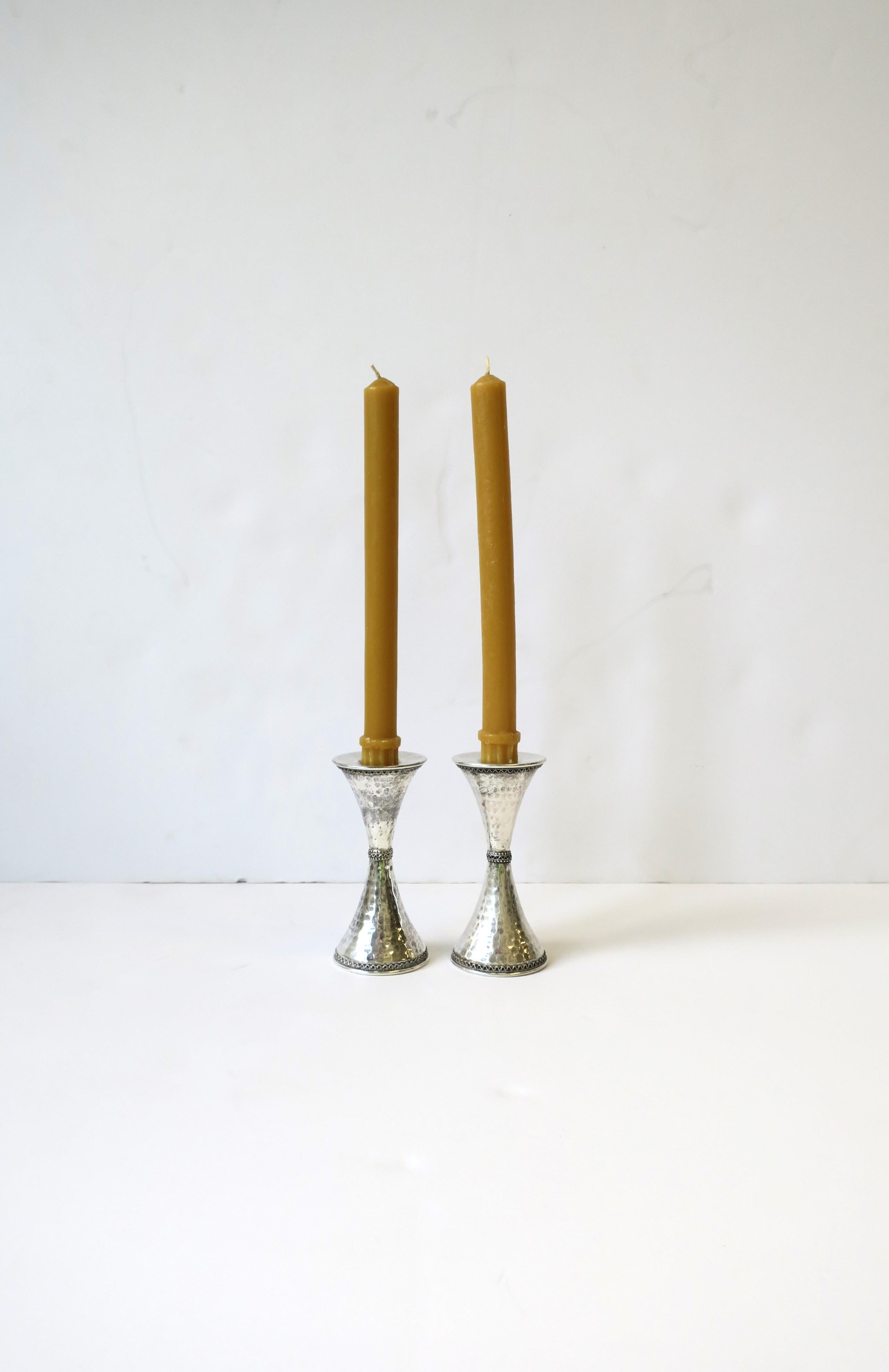 Israeli Sterling Silver Candlesticks Holders Hourglass Shape Hammered Design, Pair For Sale