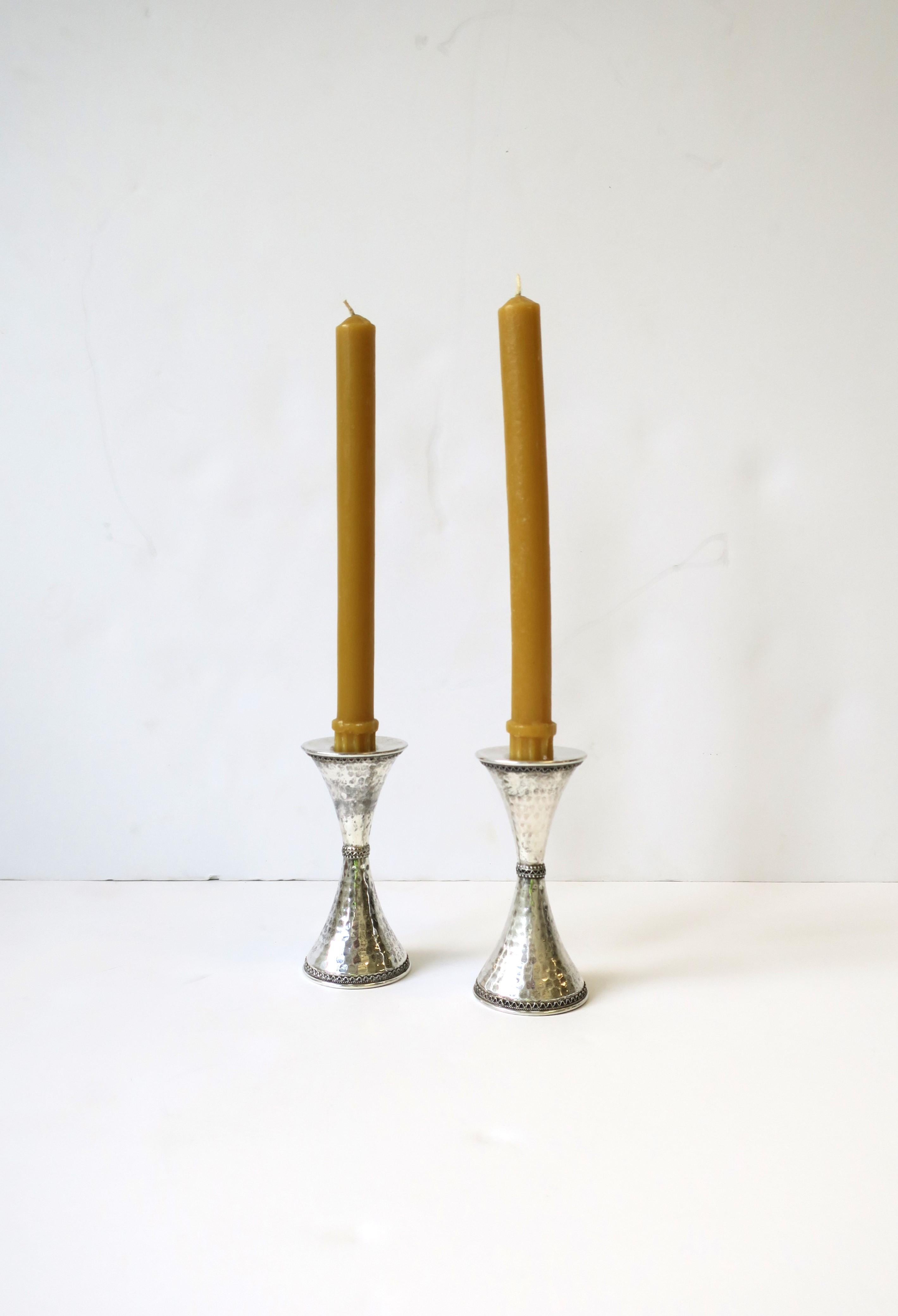 20th Century Sterling Silver Candlesticks Holders Hourglass Shape Hammered Design, Pair For Sale