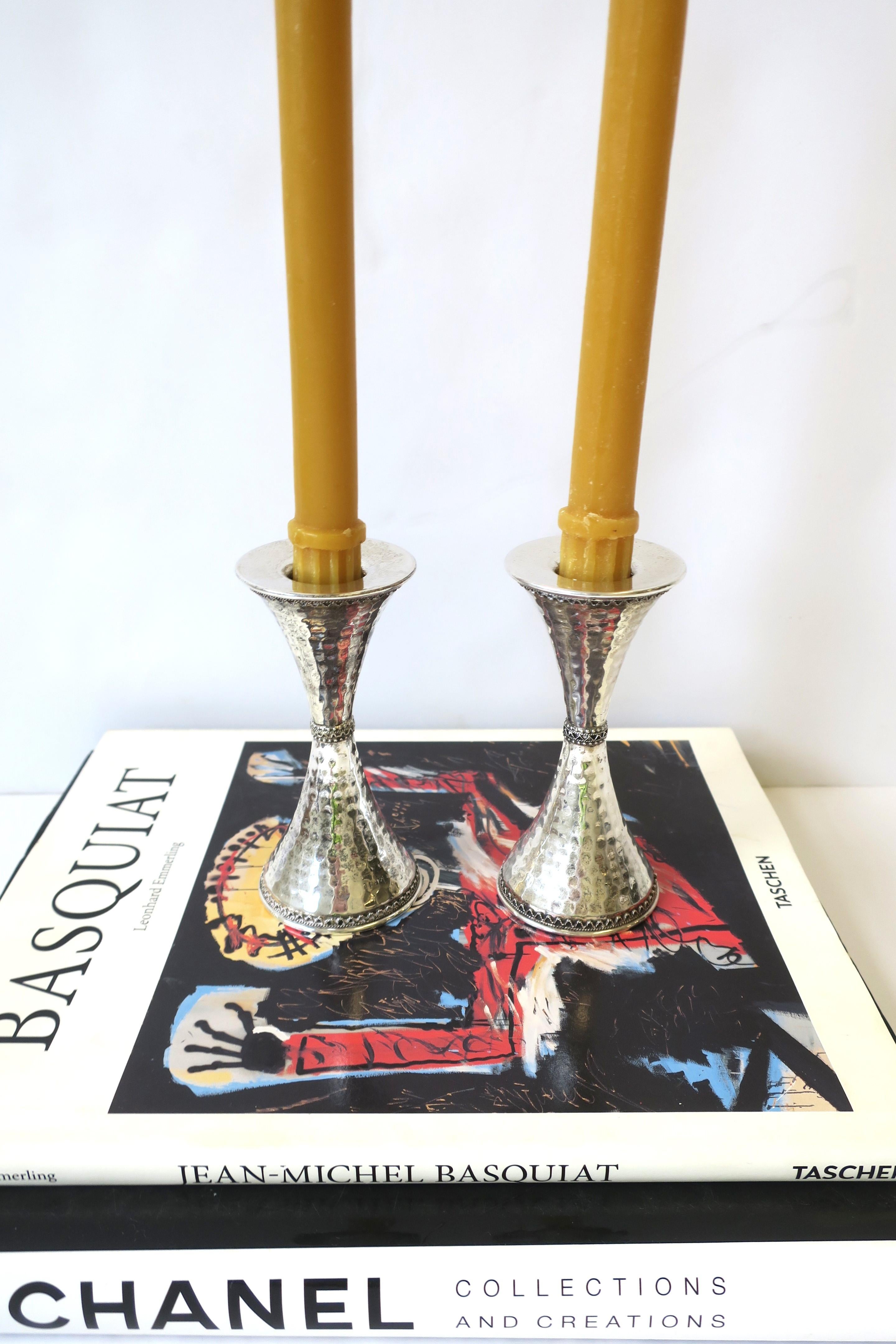 Sterling Silver Candlesticks Holders Hourglass Shape Hammered Design, Pair For Sale 2