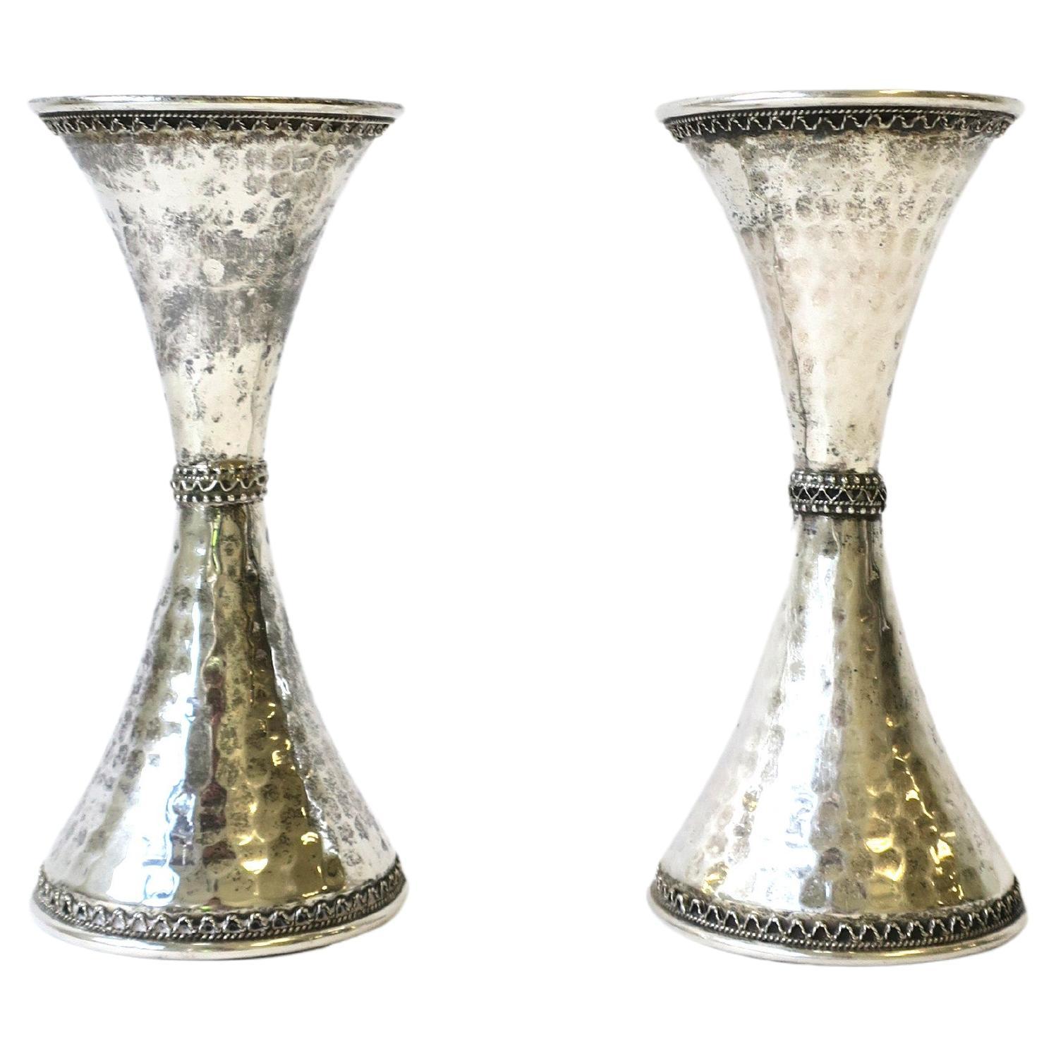 Sterling Silver Candlesticks Holders Hourglass Shape Hammered Design, Pair For Sale