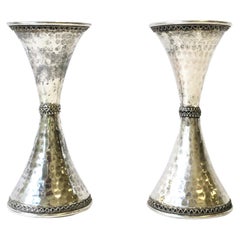 Sterling Silver Candlesticks Holders Hourglass Shape Hammered Design, Pair