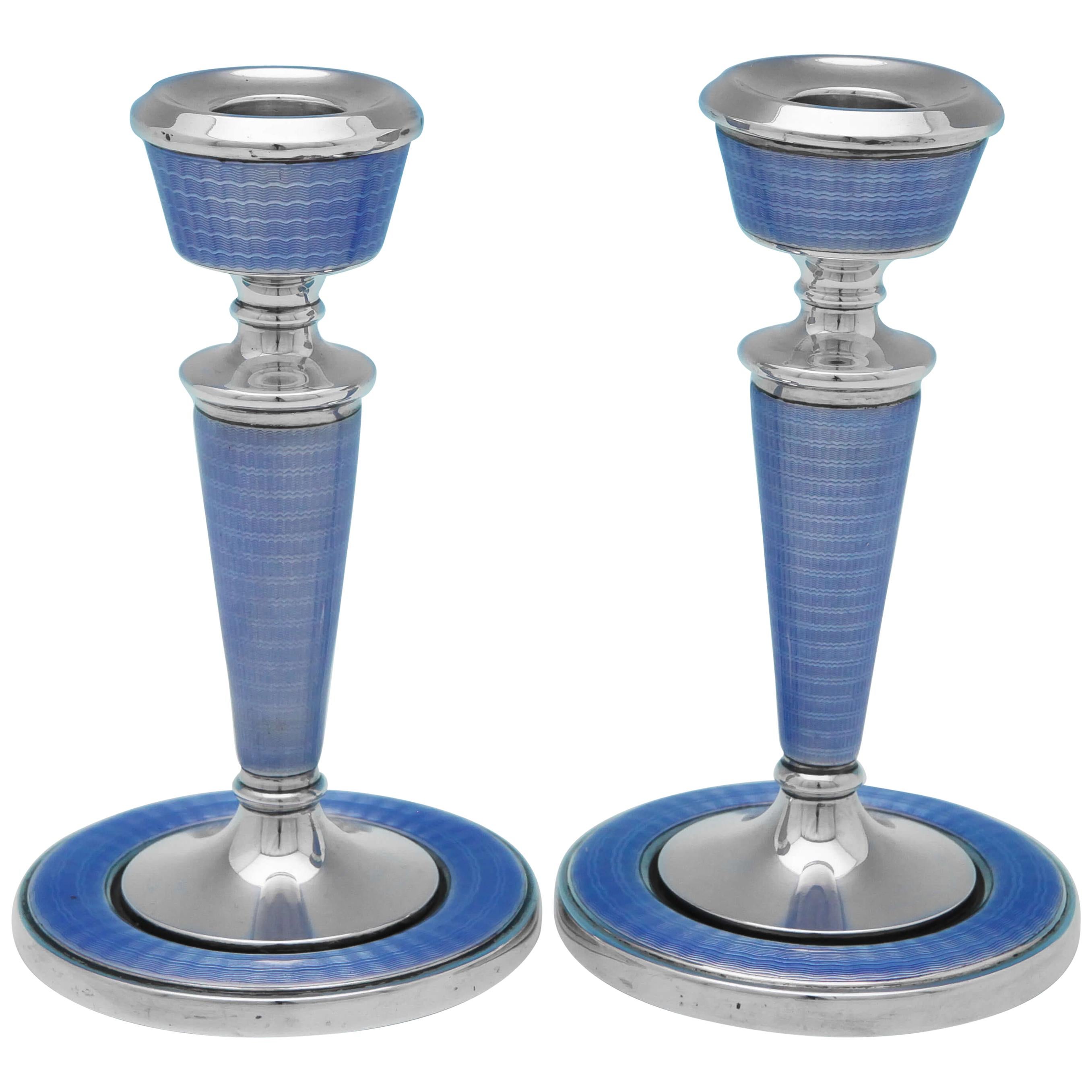 Art Deco Period Enamelled Sterling Silver Candlesticks from 1929 by A.L Dennison