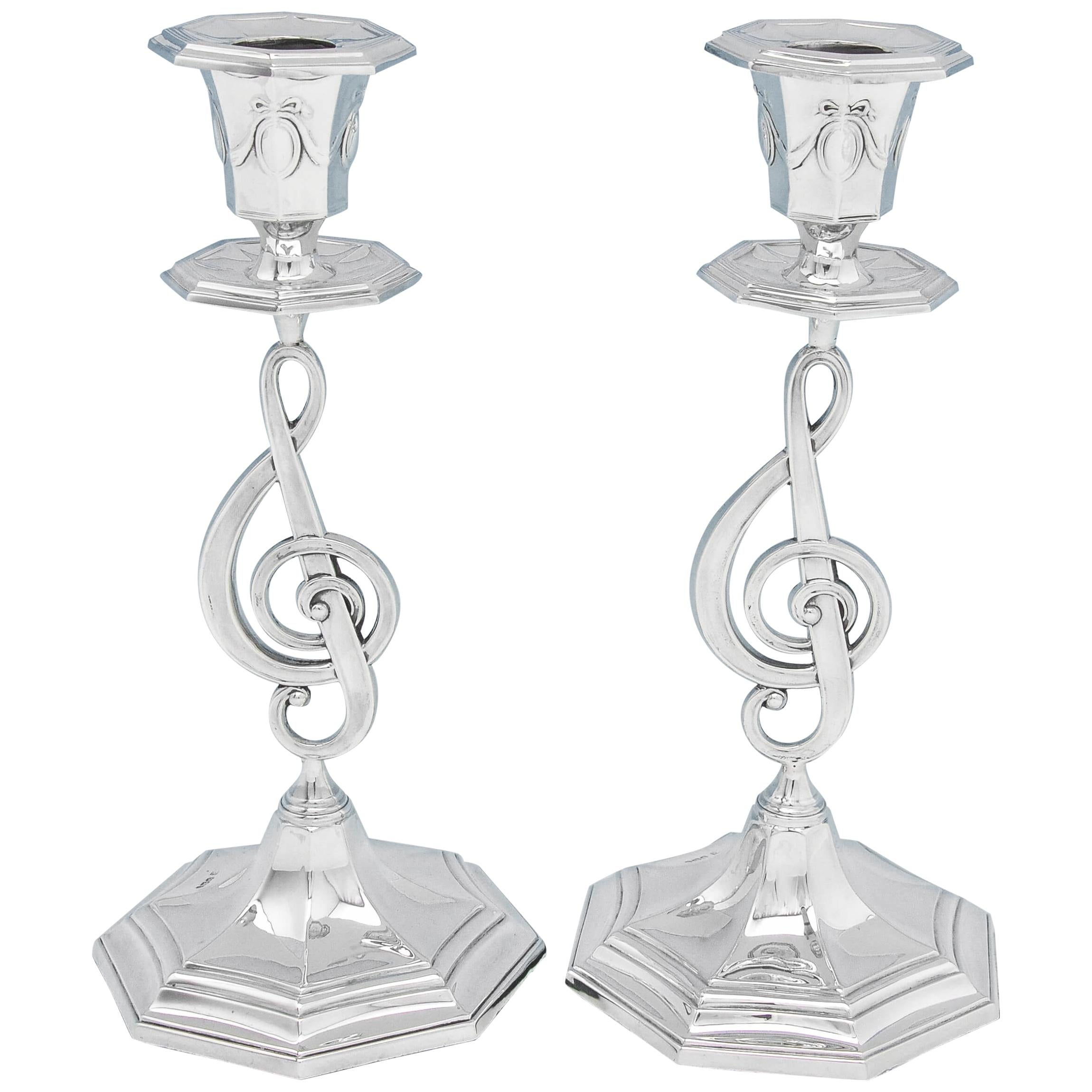 Treble Clef Design Musical Interest Antique Sterling Silver Pair of Candlesticks For Sale