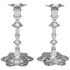 'Six Shell' George II Antique Sterling Silver Candlesticks by J. Priest in 1756