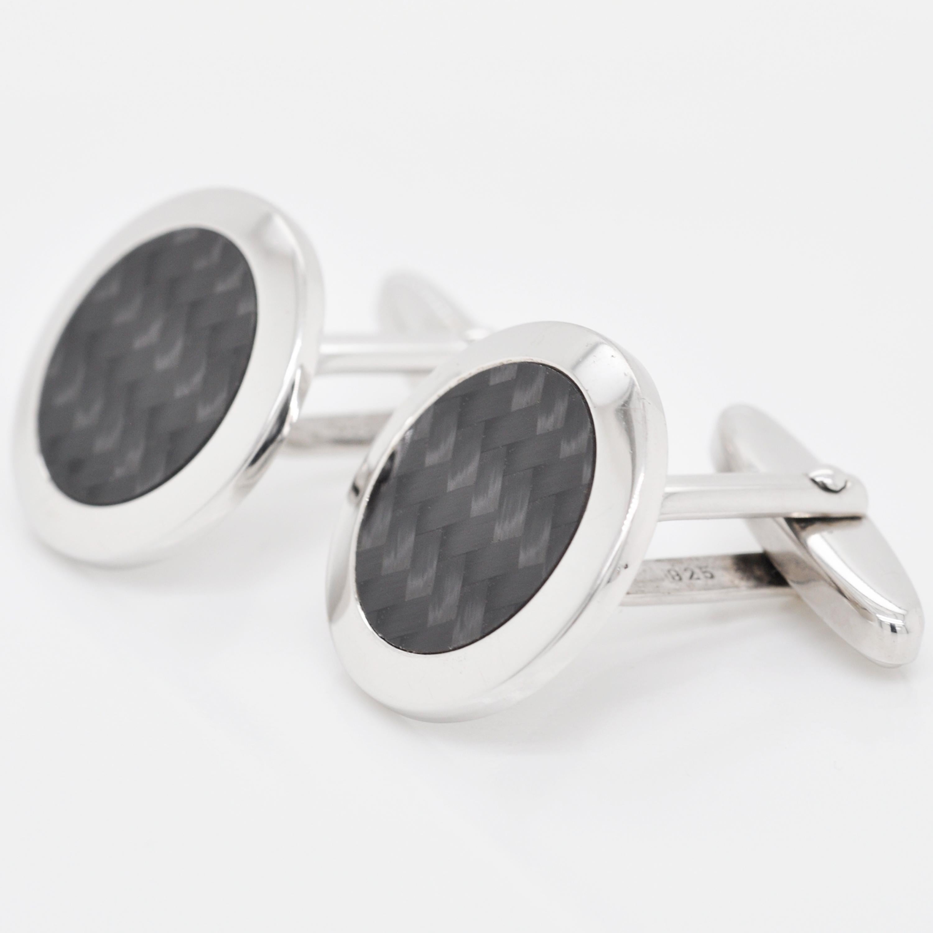 Manschettenknöpfe aus Sterlingsilber mit Guilloché-Emaille und Karbon (Zeitgenössisch) im Angebot