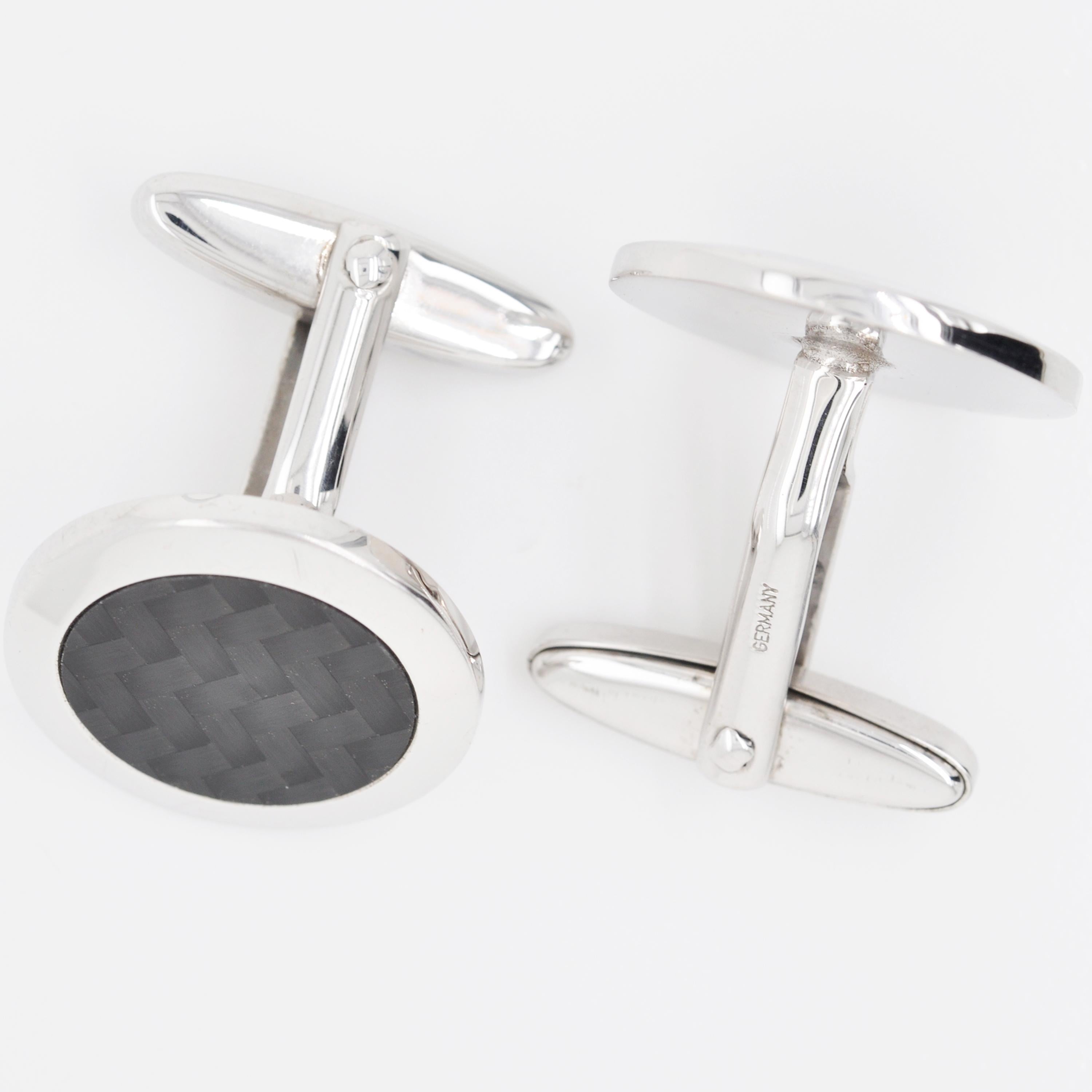 Contemporary Sterling Silver Carbon Guilloché Enamel Cufflinks For Sale