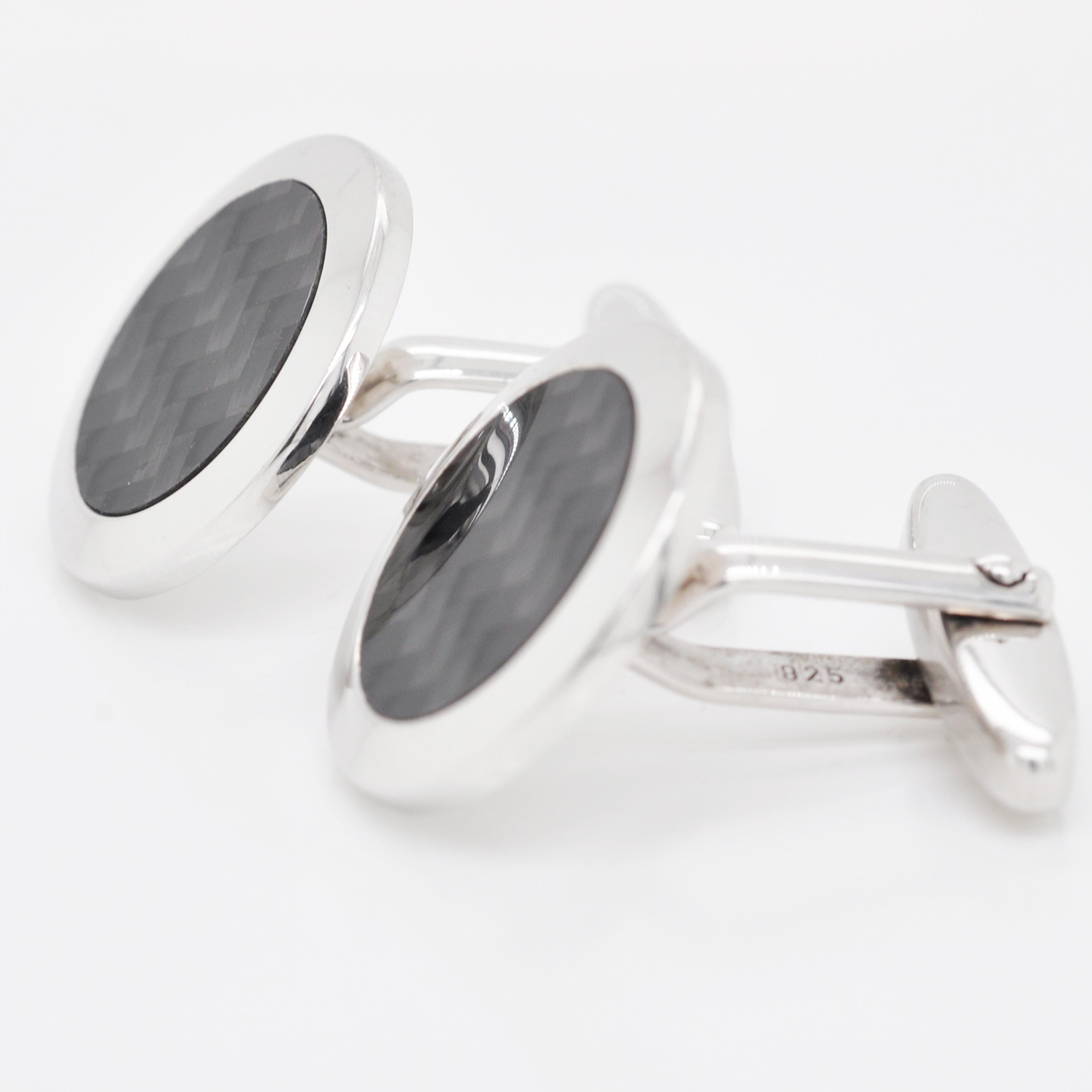 Sterling Silver Carbon Guilloché Enamel Cufflinks In New Condition For Sale In Jaipur, Rajasthan