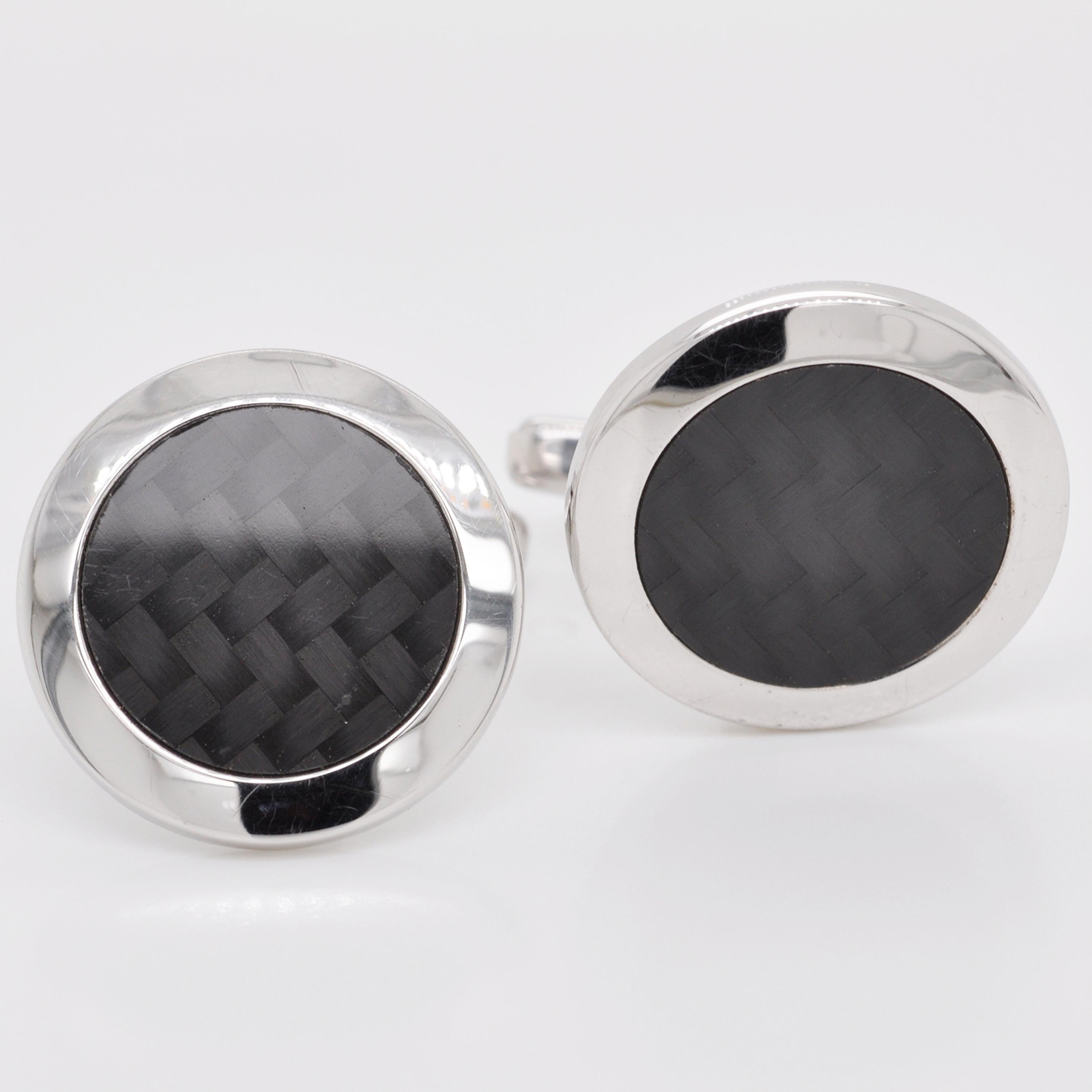 Women's or Men's Sterling Silver Carbon Guilloché Enamel Cufflinks For Sale