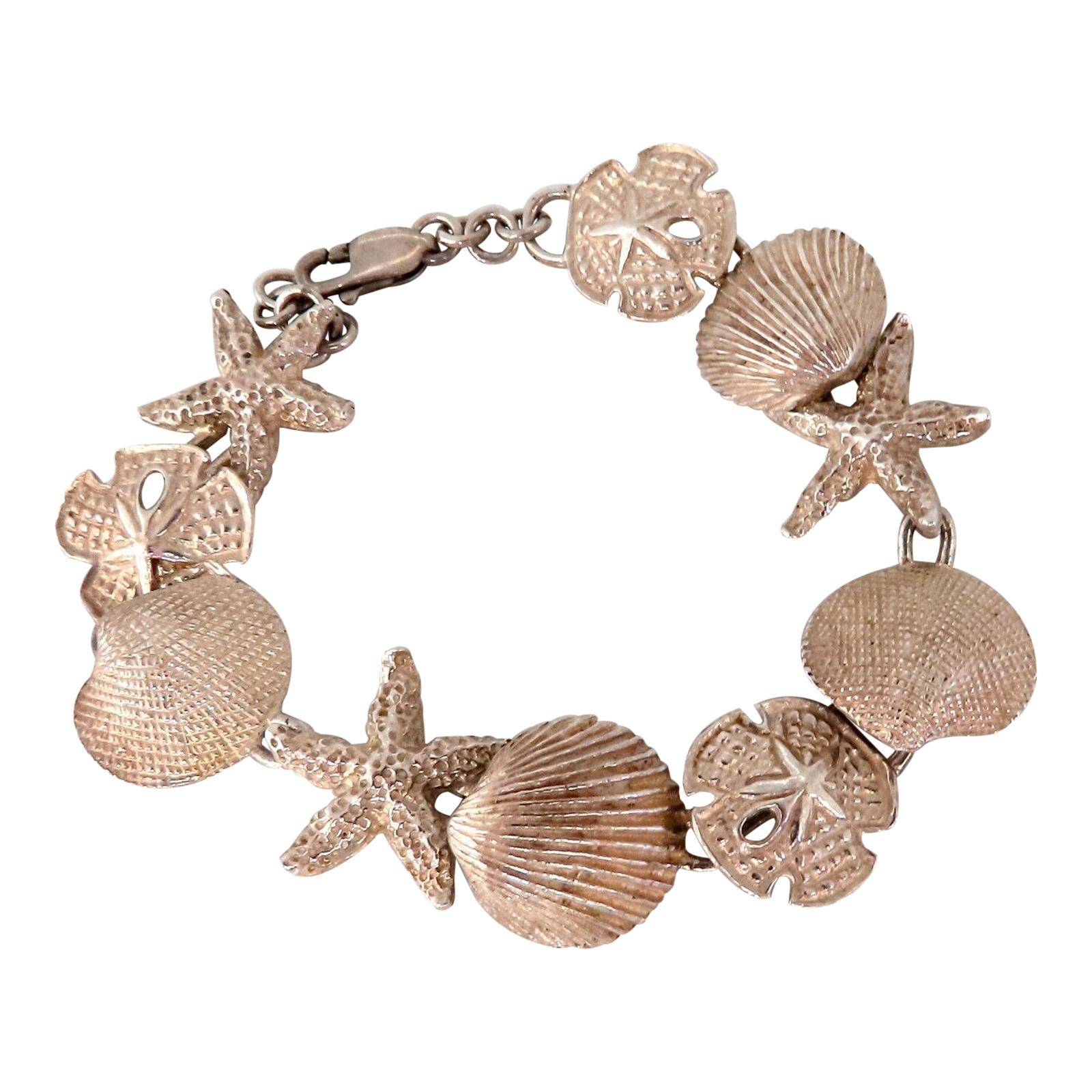 Sterling Silver Caribbean Charms Bracelet Sea Shells and Star Fish
