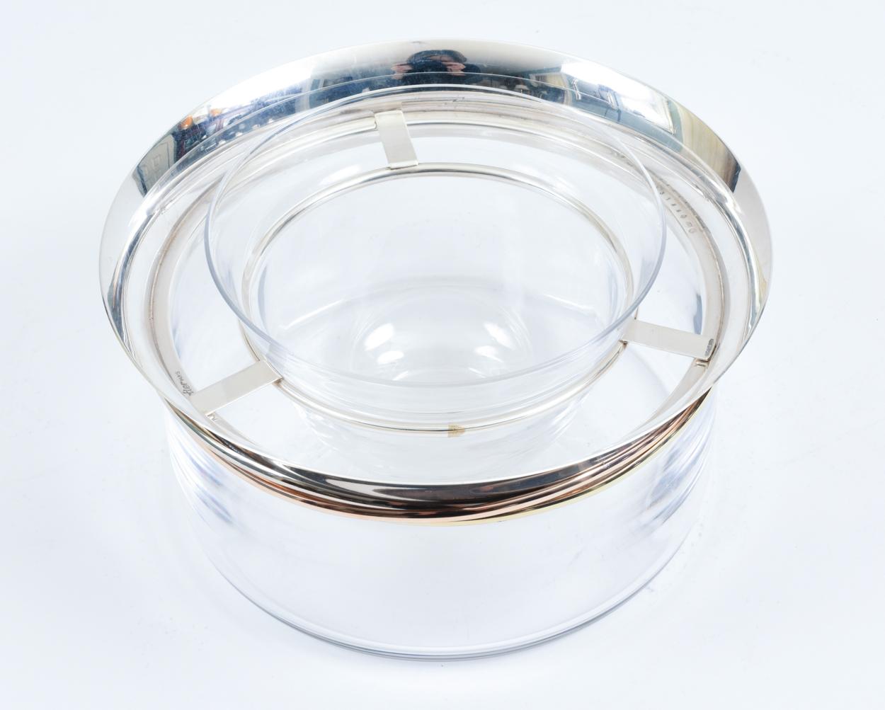 Mid-20th century sterling silver border top with Cartier crystal receptacle caviar service disk set. The caviar service is in excellent vintage condition. Maker's mark undersigned on every piece. The caviar disk bowl measure about 7.3 inches