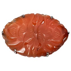 Vintage Sterling Silver Carved Chinese Carnelian Pin / Brooch