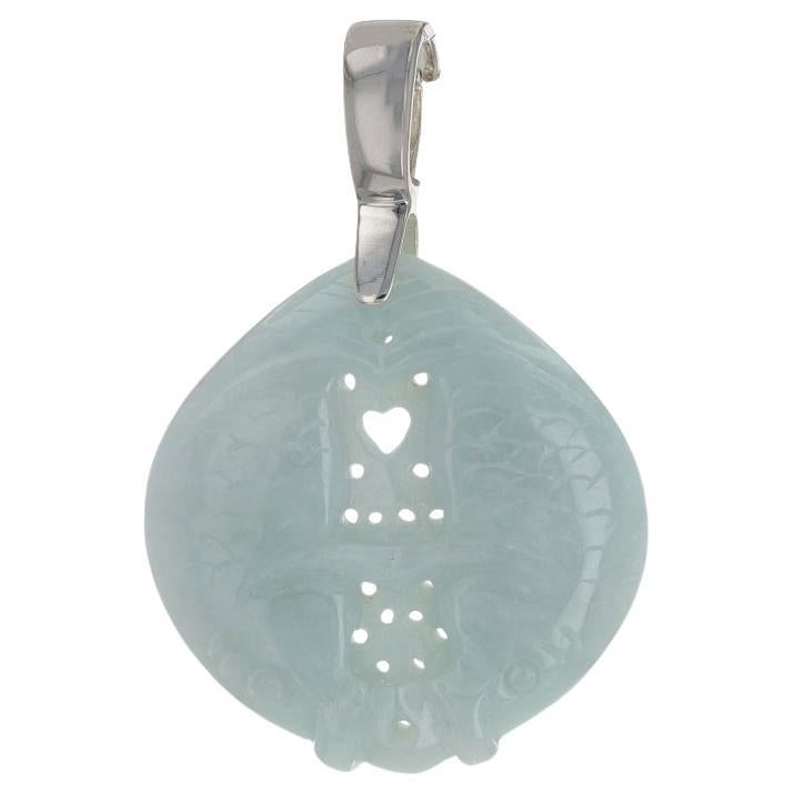 Sterling Silver Carved Jadeite Two Fish Enhancer Pendant - 925 Aquatic Life