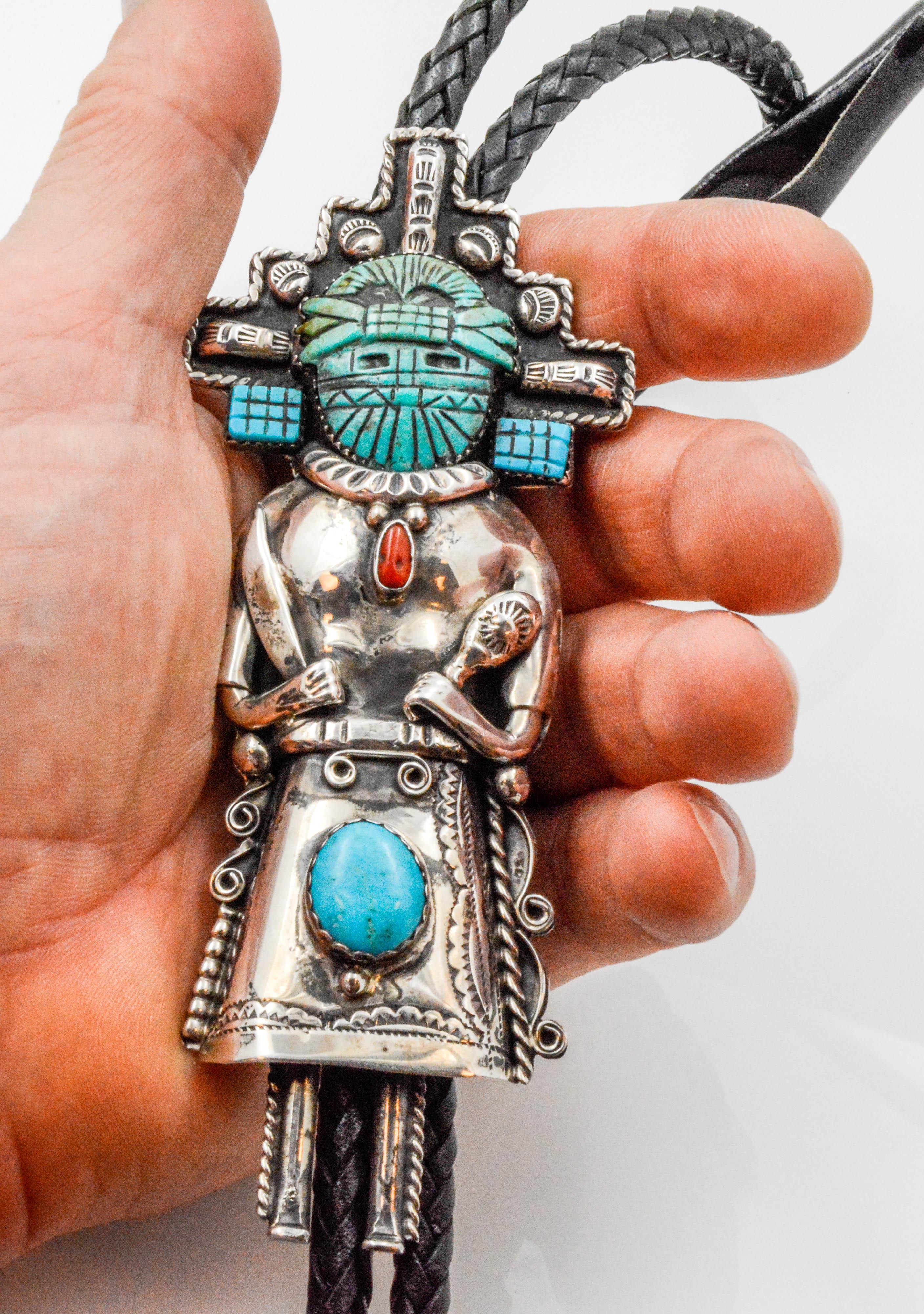 Black Sterling Silver Carved Turquoise Coral Kachina Bolo