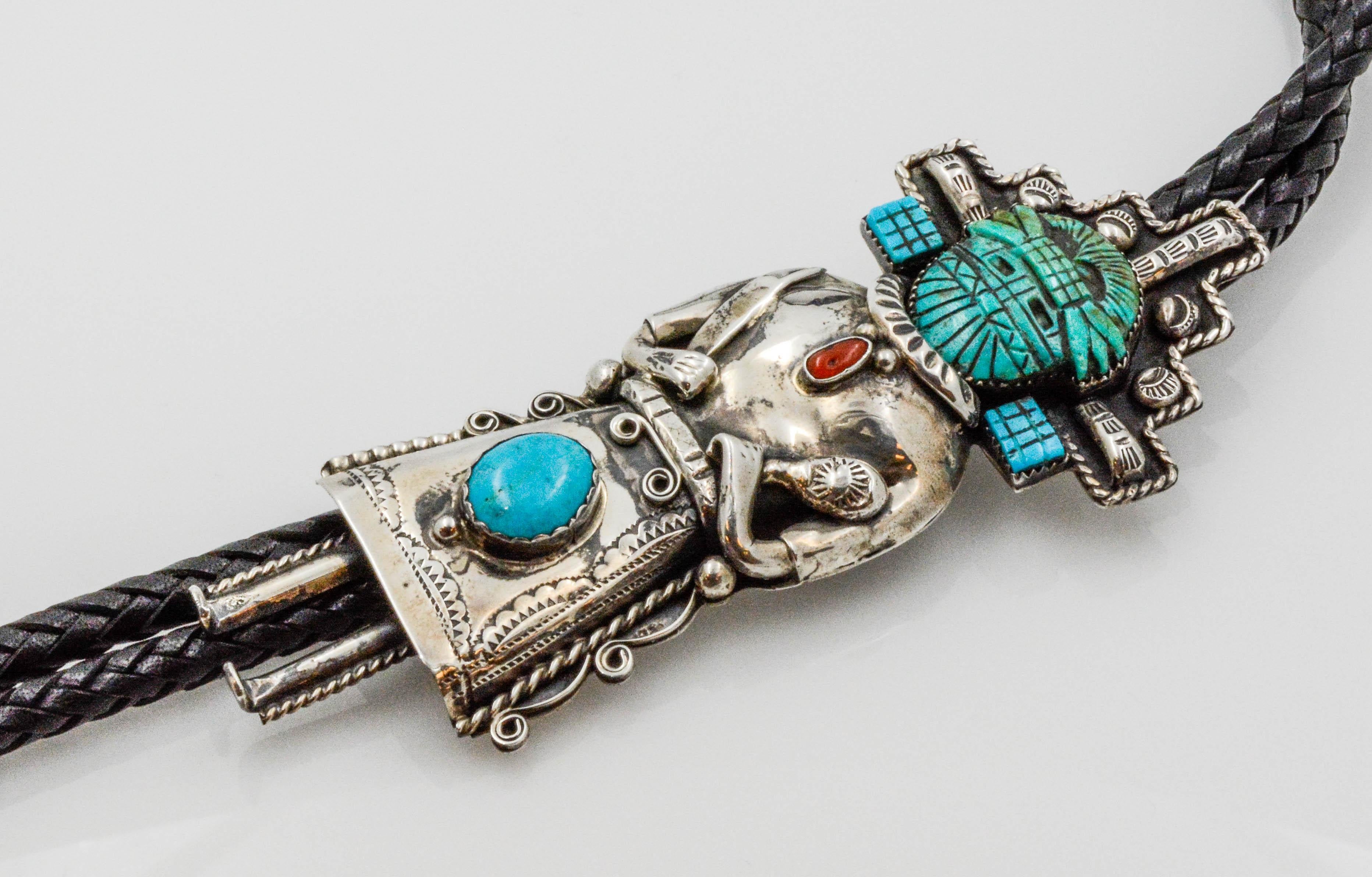Men's Sterling Silver Carved Turquoise Coral Kachina Bolo