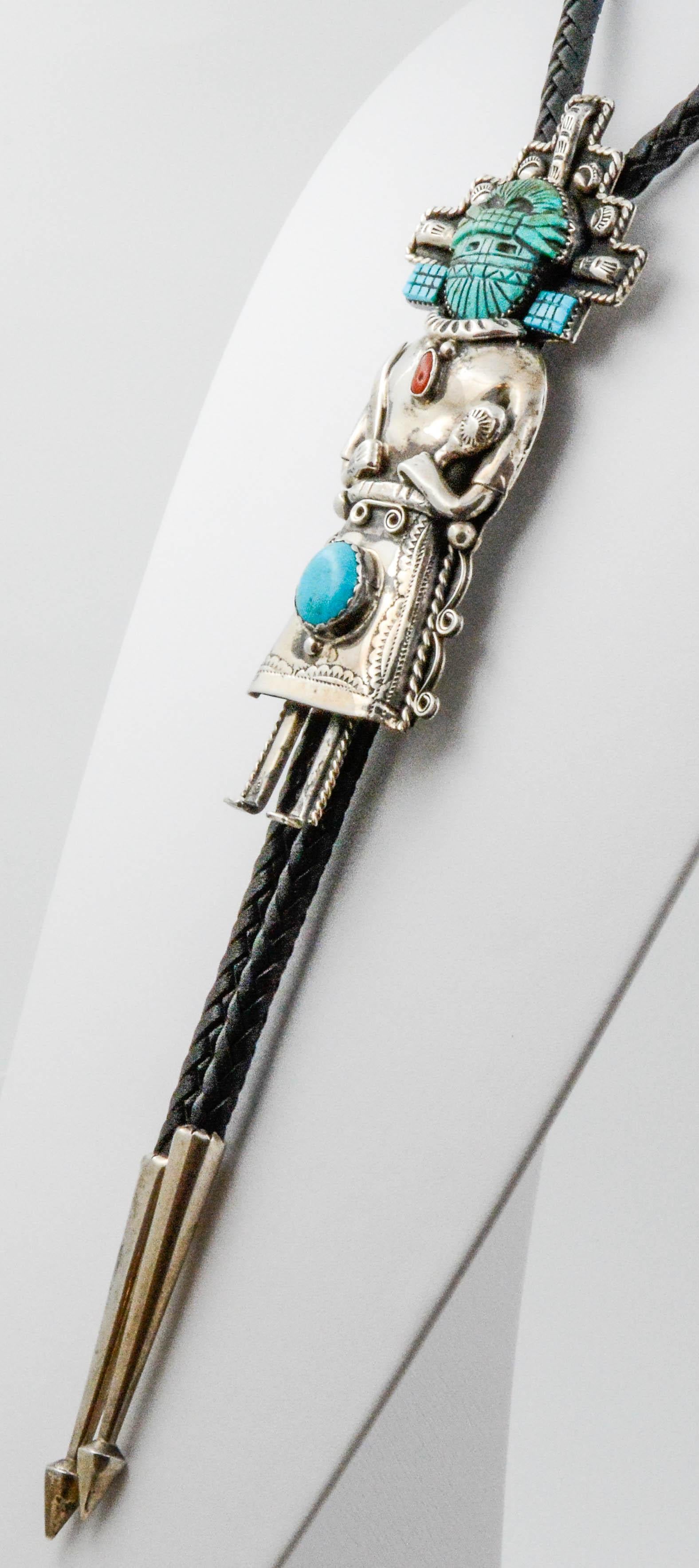 Sterling Silver Carved Turquoise Coral Kachina Bolo 3