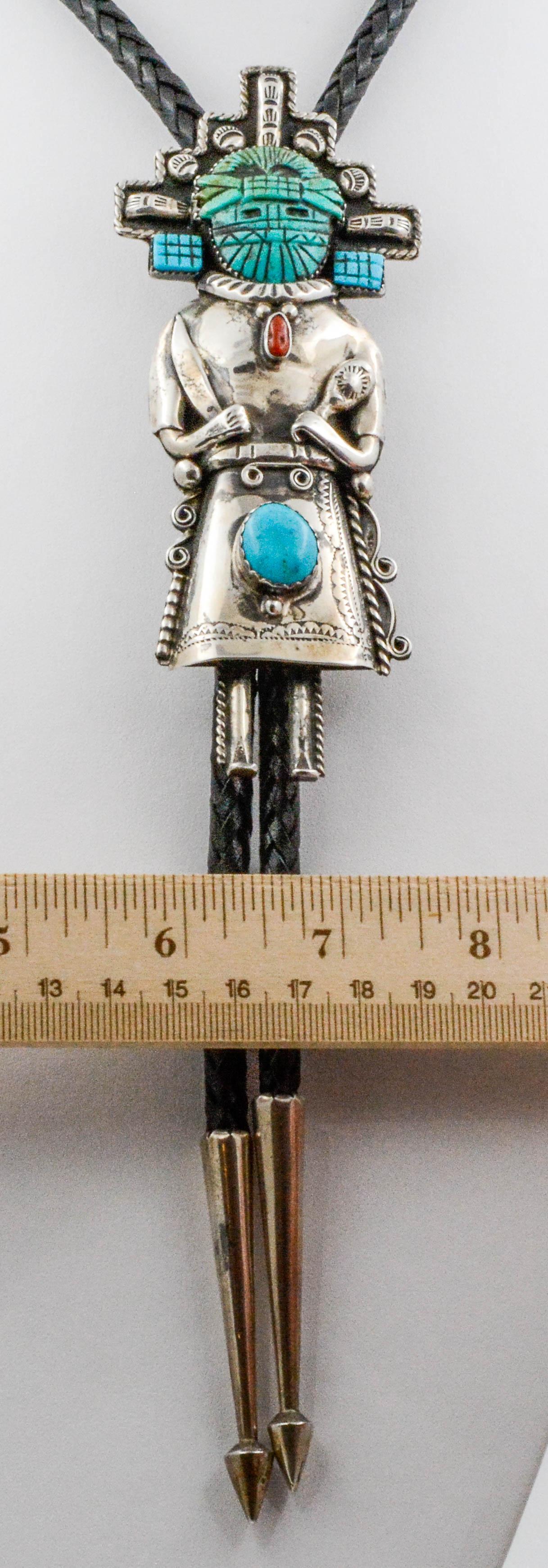 Sterling Silver Carved Turquoise Coral Kachina Bolo 4