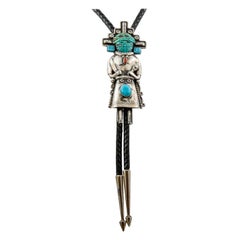 Vintage Sterling Silver Carved Turquoise Coral Kachina Bolo