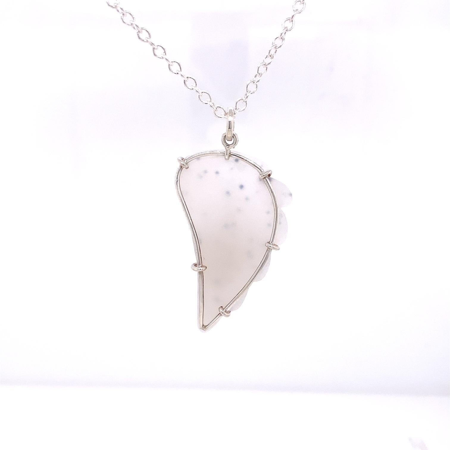 Contemporary Sterling Silver Carved White Druzy Wing Necklace