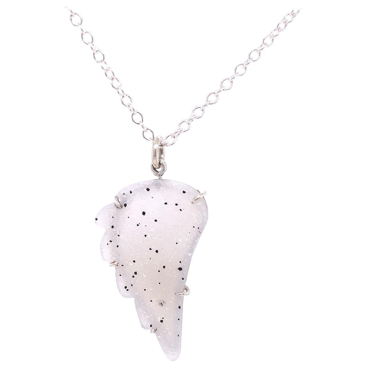 Sterling Silver Carved White Druzy Wing Necklace