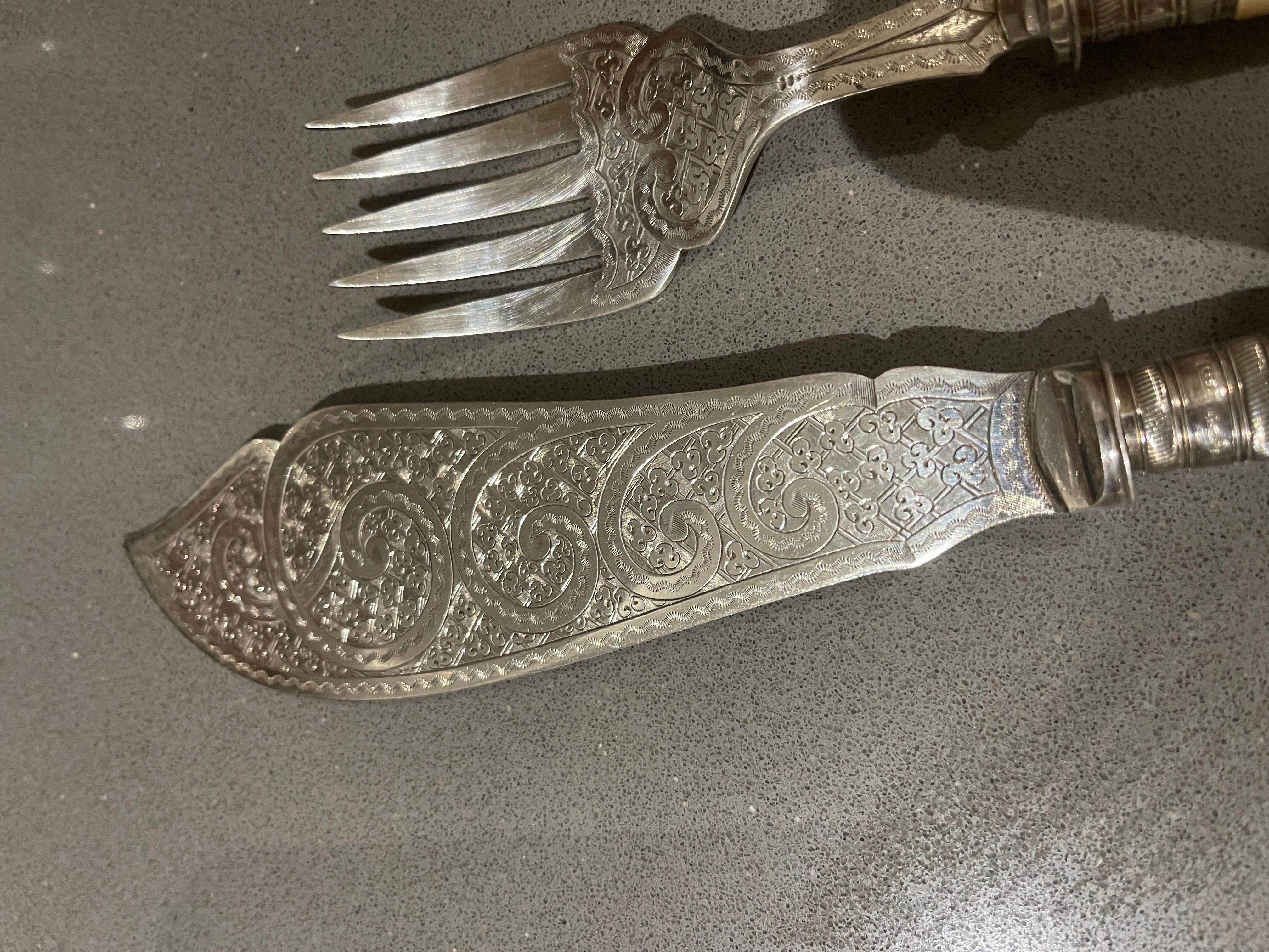 Polished Sterling Silver Carving Set 3 Mother pearl handle, Cutlery Knife Fork Sheffield For Sale