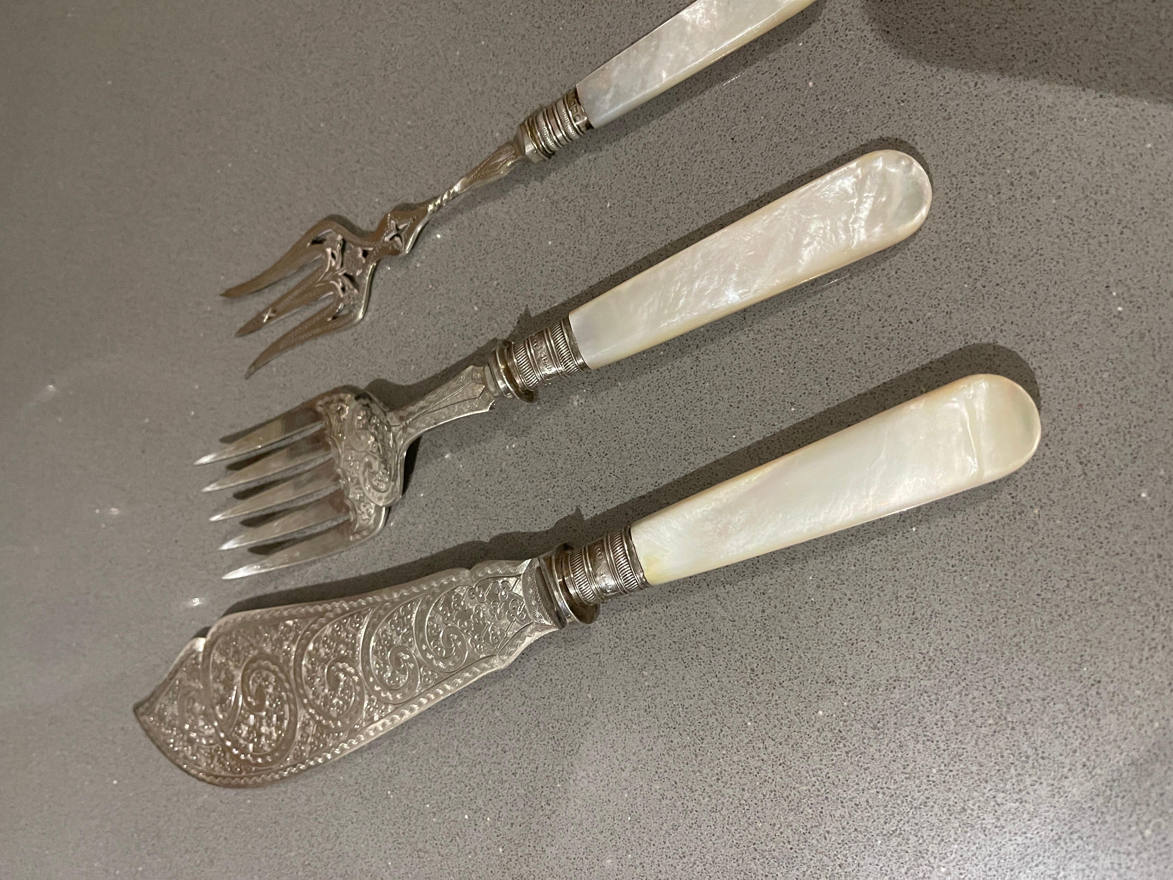 Late 19th Century Sterling Silver Carving Set 3 Mother pearl handle, Cutlery Knife Fork Sheffield For Sale