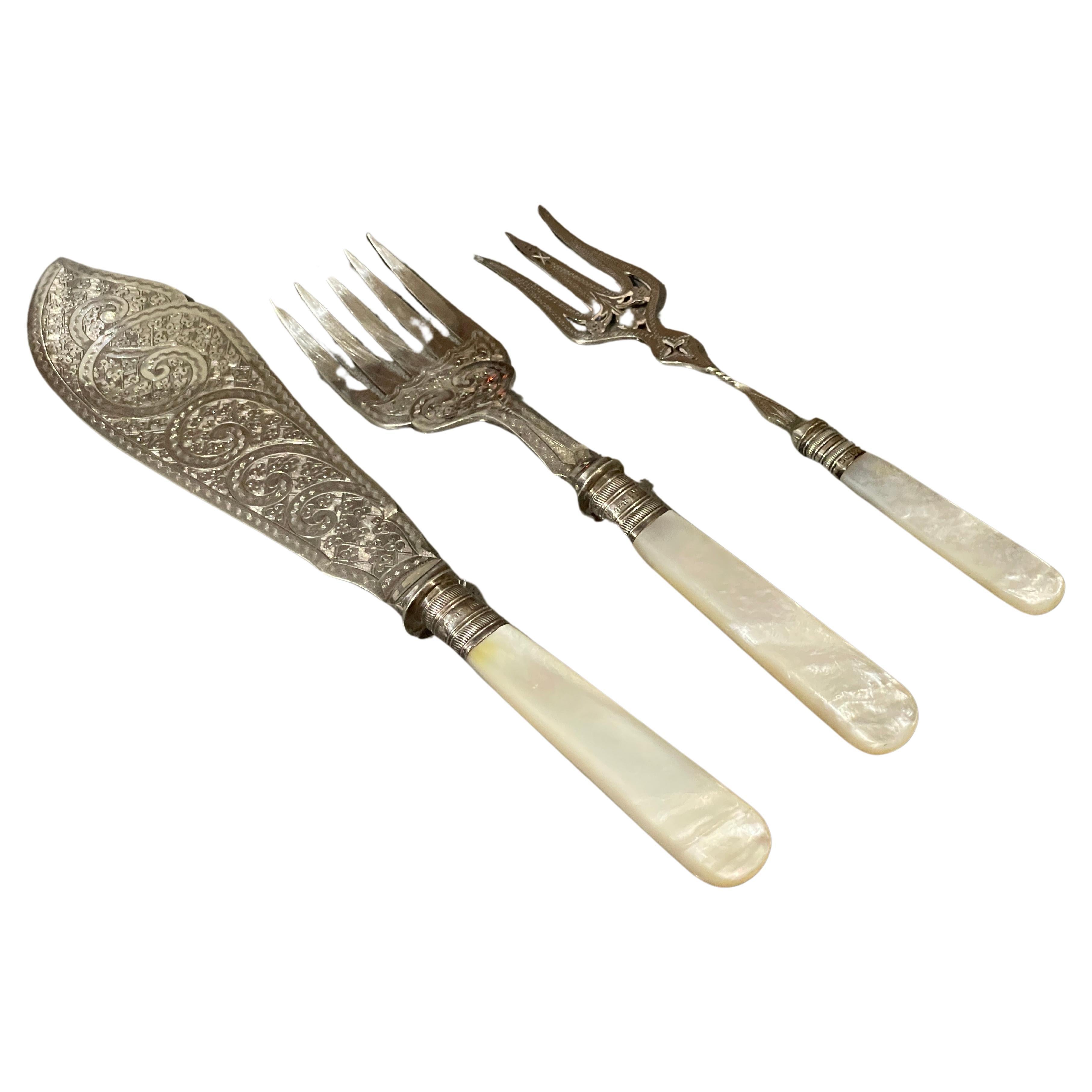 Sterling Silver Carving Set 3 Mother pearl handle, Cutlery Knife Fork Sheffield For Sale