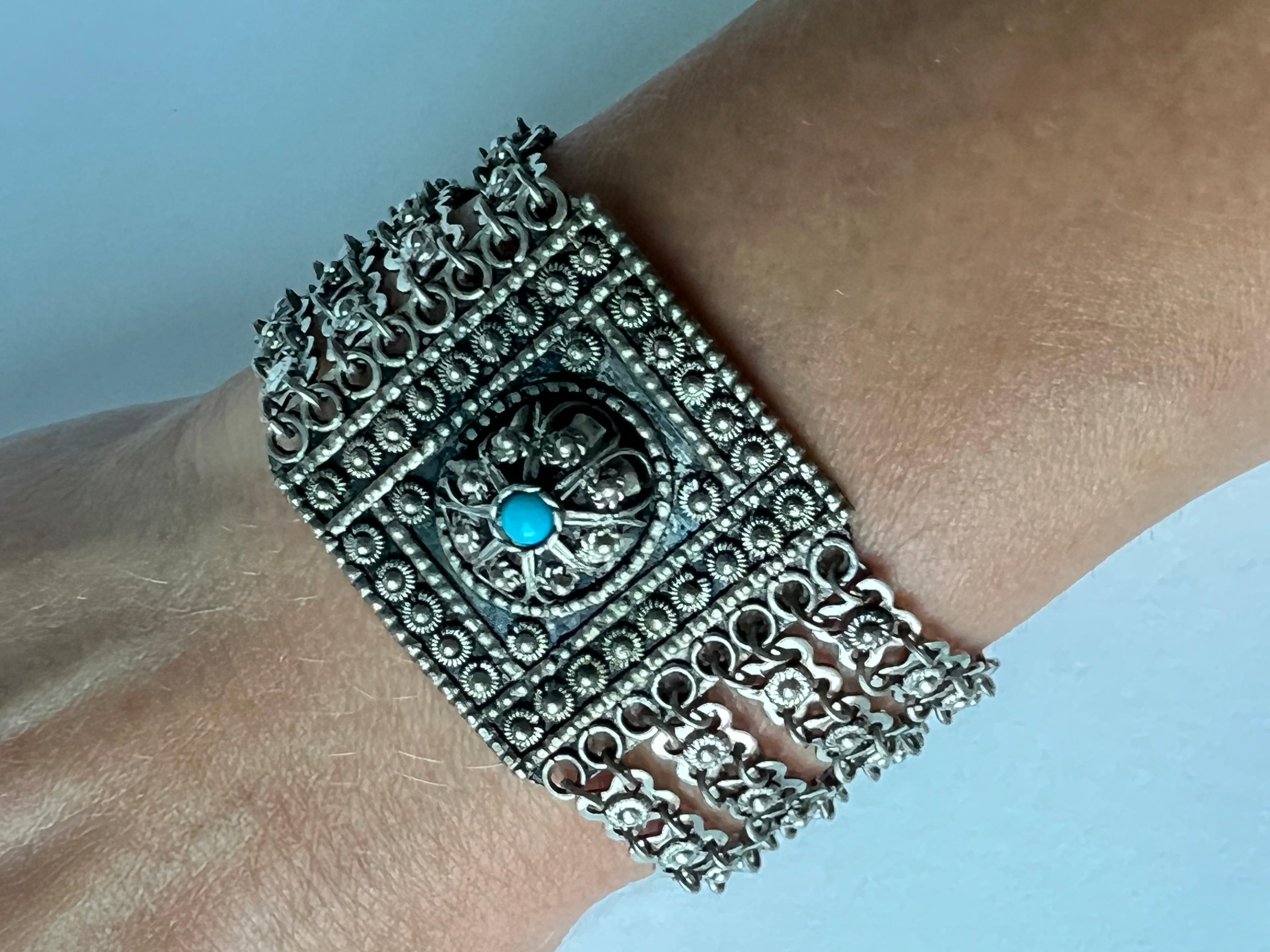 Sterling Silver Caviar and Turquoise Beads Bracelet In Good Condition For Sale In Reston, VA