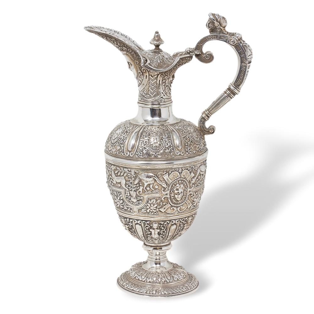 Renaissance Revival Sterling Silver Cellini Type Ewer by Alfred Ivory