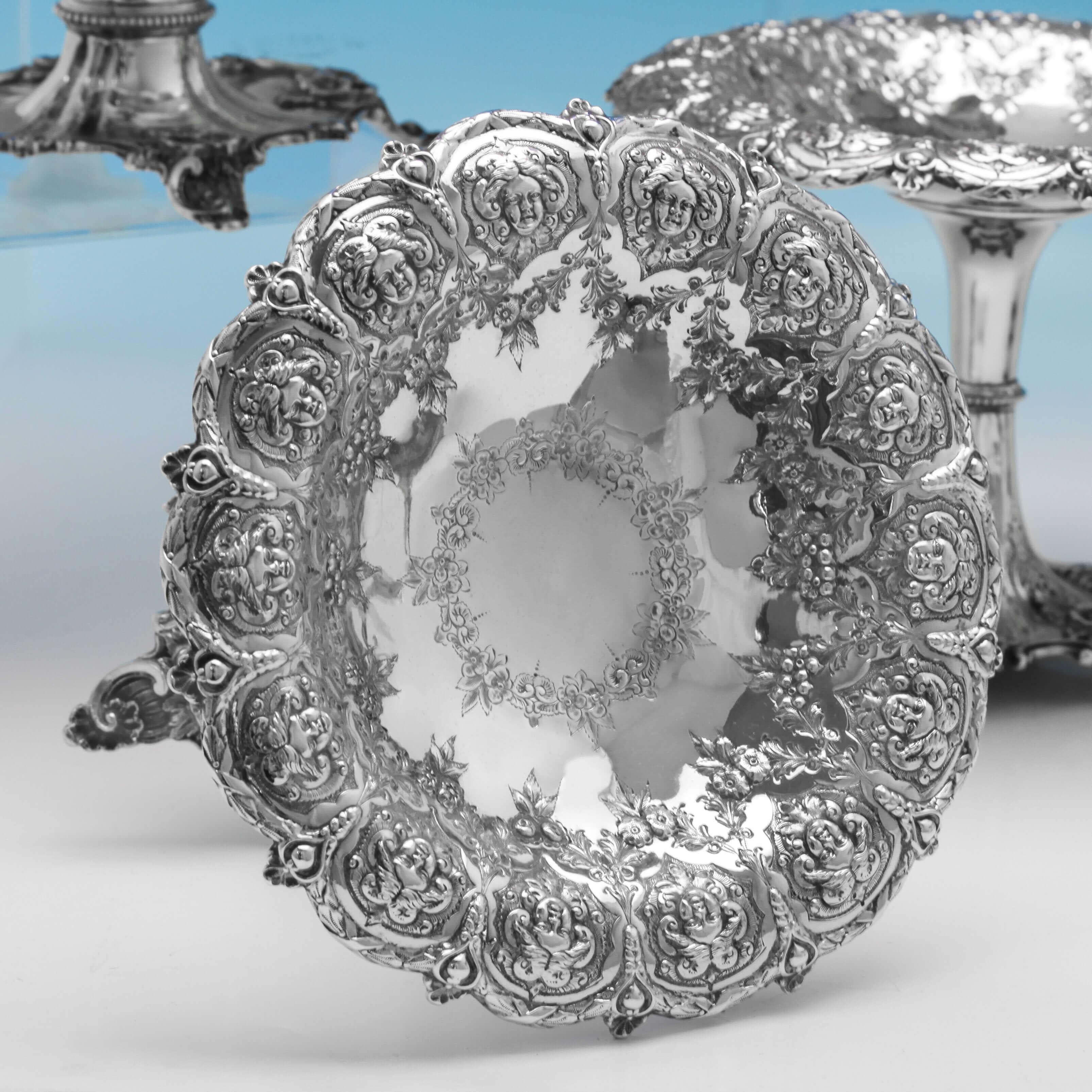 English Decorative Victorian Antique Sterling Silver Centrepiece and Suite of 8 Dishes For Sale