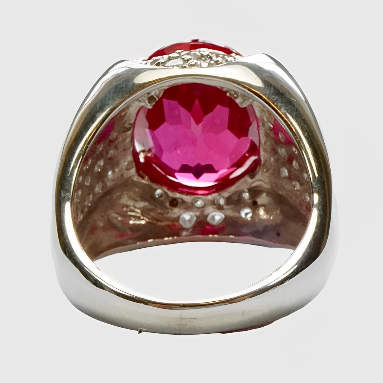 Oval Cut Sterling Silver Cerise Pink Topaz Cocktail Ring with Cubic Zirconias 1990s For Sale