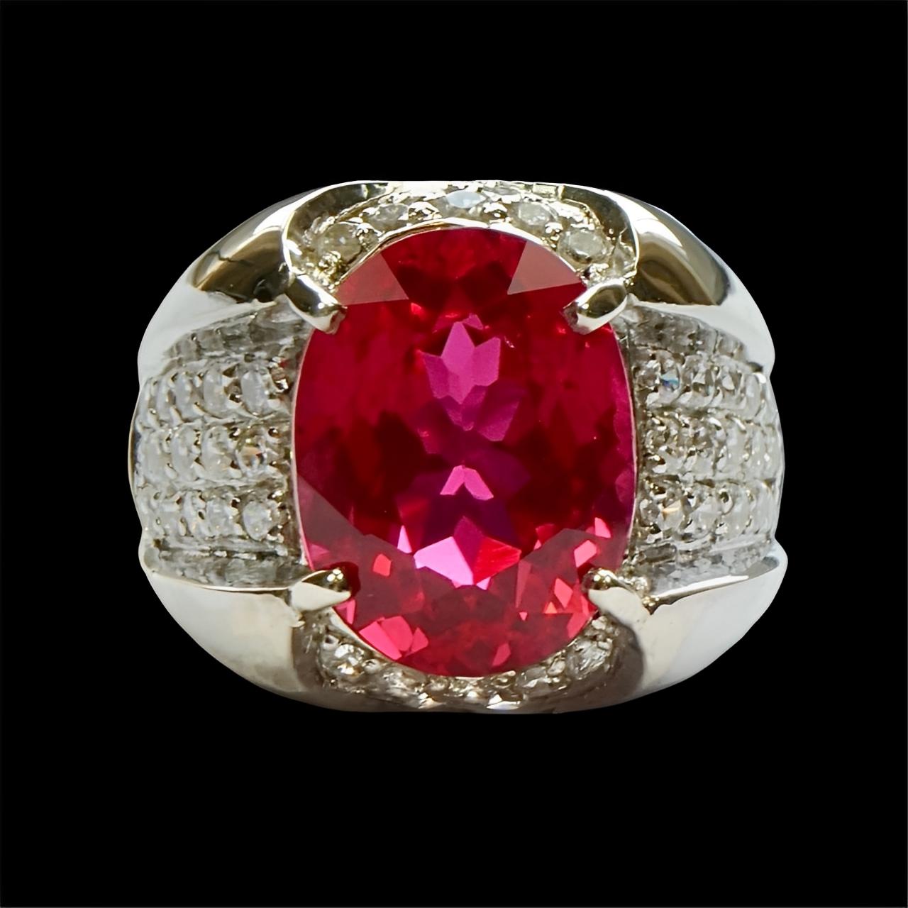 Women's or Men's Sterling Silver Cerise Pink Topaz Cocktail Ring with Cubic Zirconias 1990s For Sale