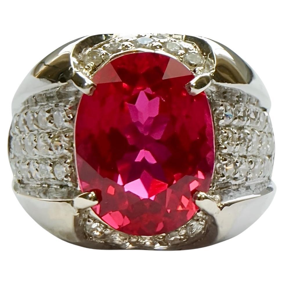 Sterling Silver Cerise Pink Topaz Cocktail Ring with Cubic Zirconias 1990s For Sale