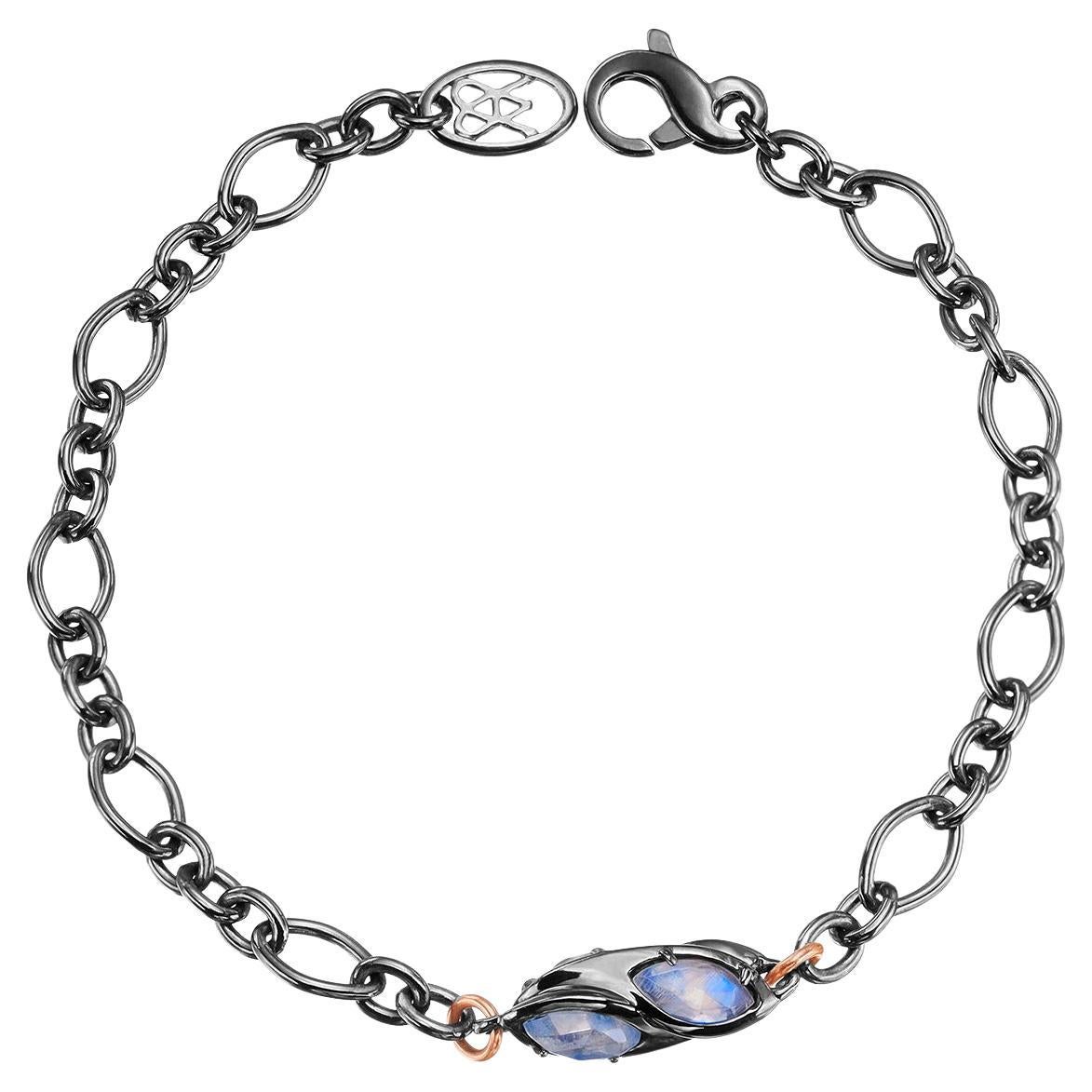 Sterling Silver Chain Bracelet W/ Rose Cut Moonstone Marquise Set in Sculpture