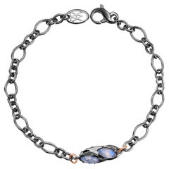 Used Sterling Silver Chain Bracelet W/ Rose Cut Moonstone Marquise Set in Sculpture