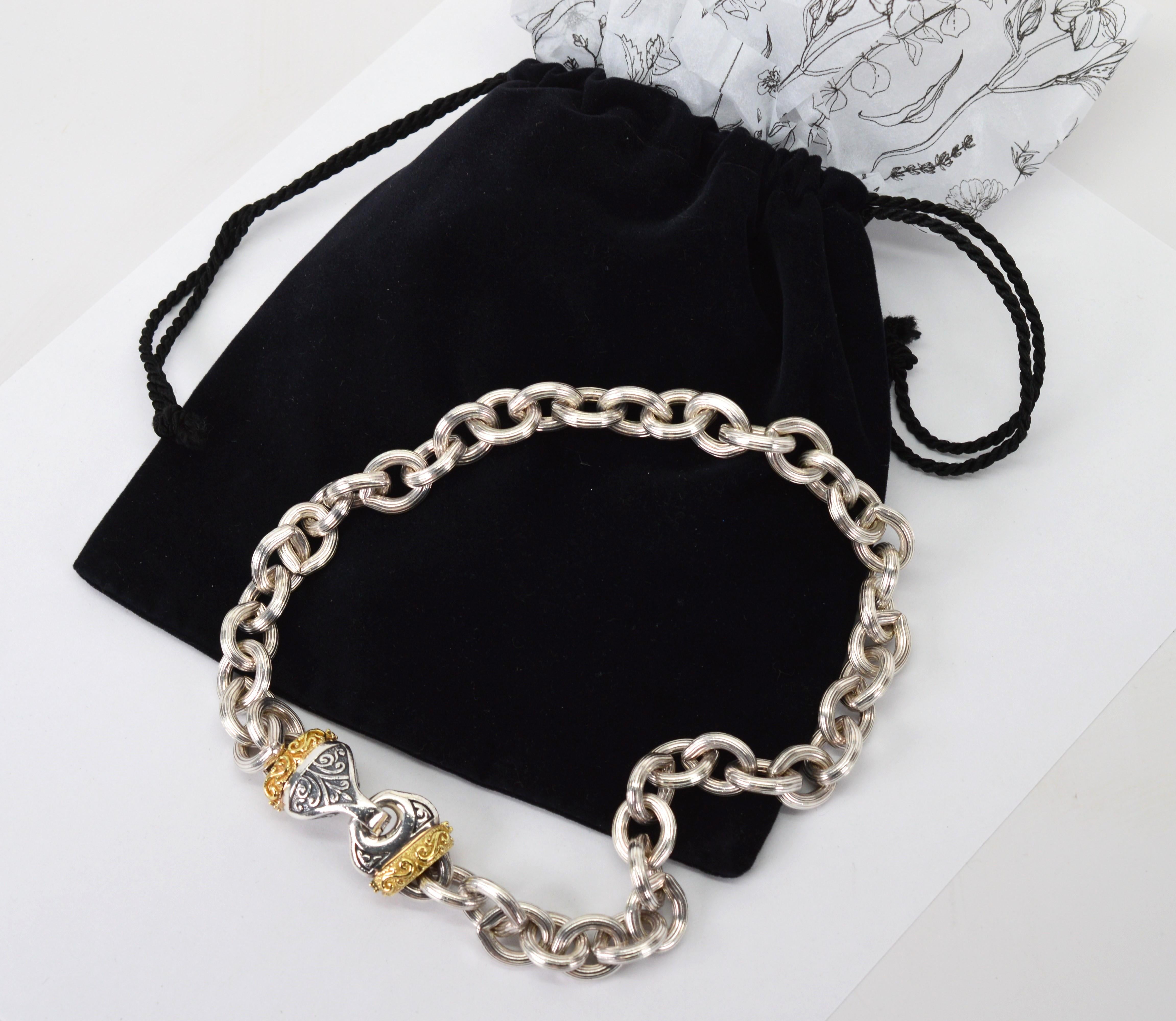 Sterling Silber Kette Gliederhalsband Halskette mit 14 Karat Gold Diamant-Verzierungen (Rundschliff) im Angebot