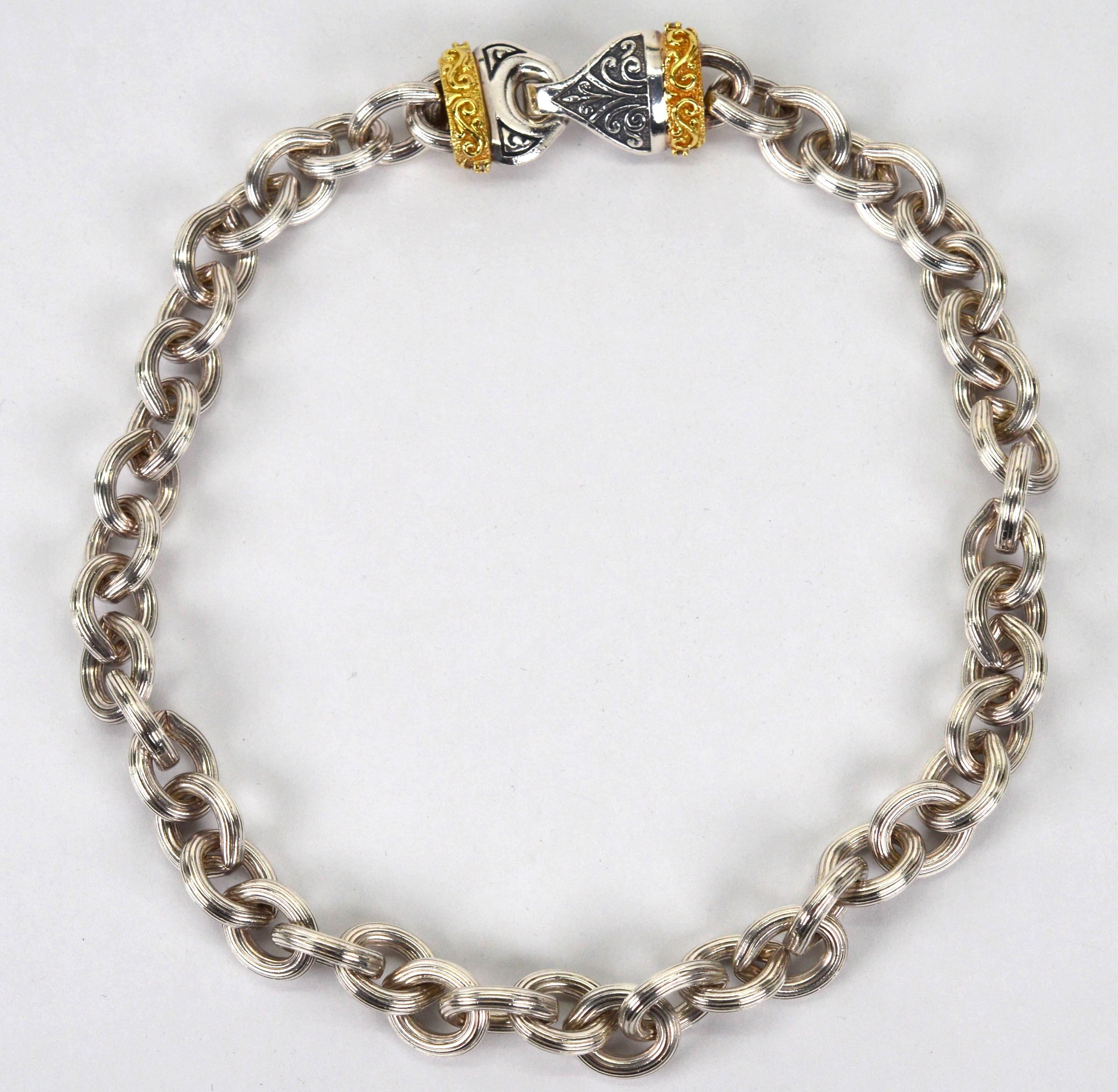 Sterling Silber Kette Gliederhalsband Halskette mit 14 Karat Gold Diamant-Verzierungen im Zustand „Gut“ im Angebot in Mount Kisco, NY