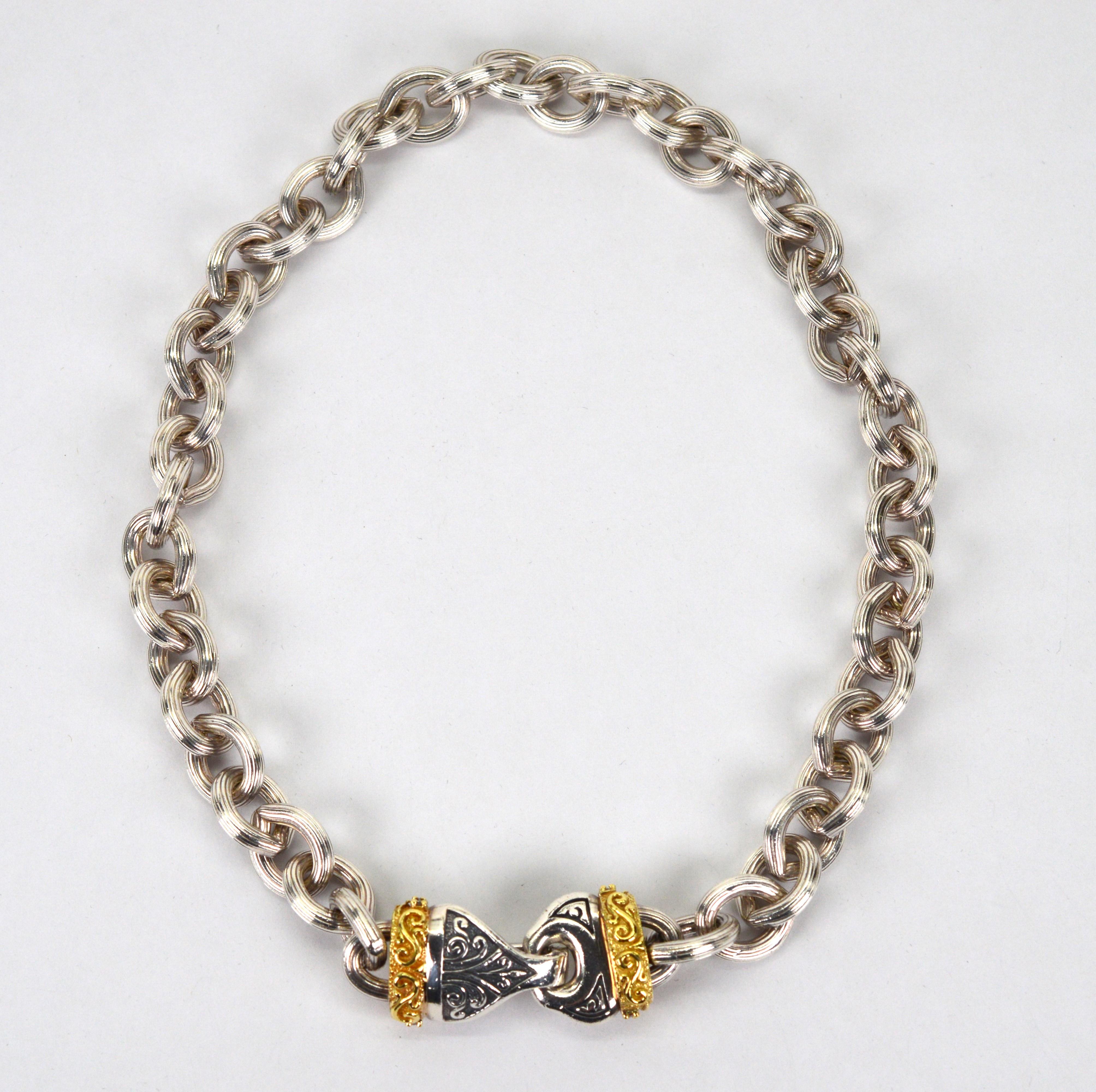 Sterling Silber Kette Gliederhalsband Halskette mit 14 Karat Gold Diamant-Verzierungen Damen im Angebot