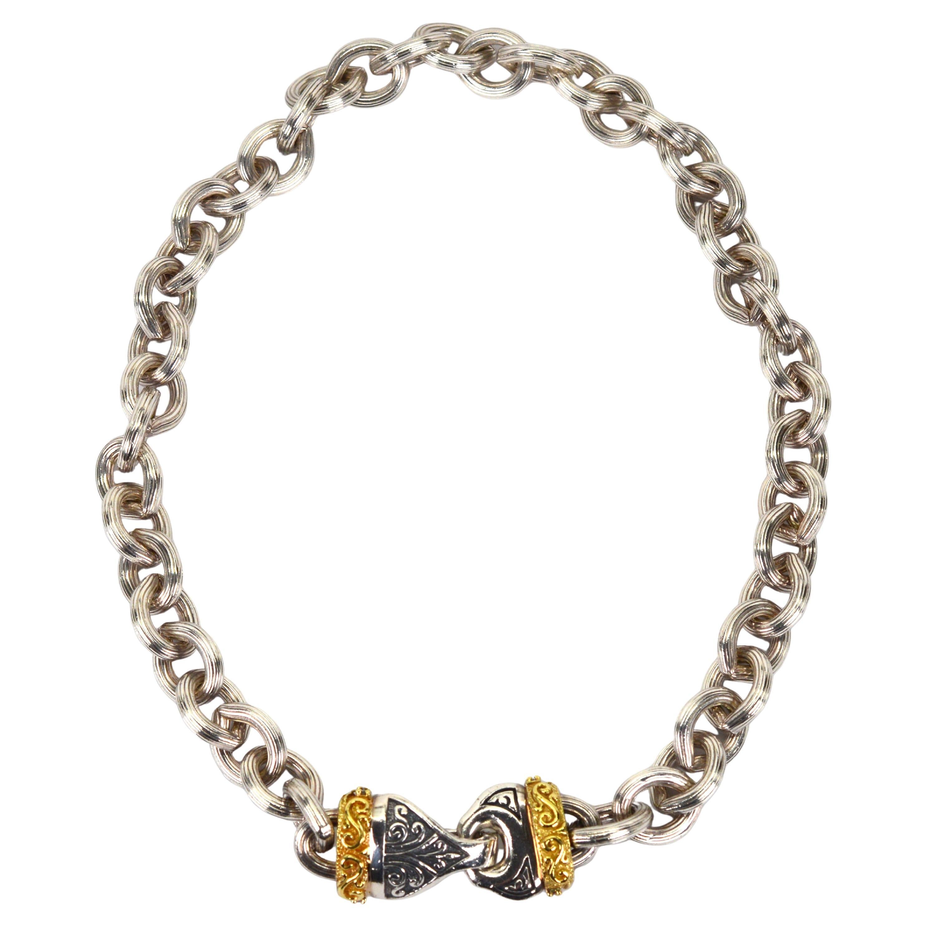 Sterling Silber Kette Gliederhalsband Halskette mit 14 Karat Gold Diamant-Verzierungen im Angebot
