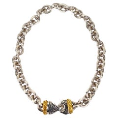Used Sterling Silver Chain Link Collar Necklace w 14 Karat Gold Diamond Enhancements