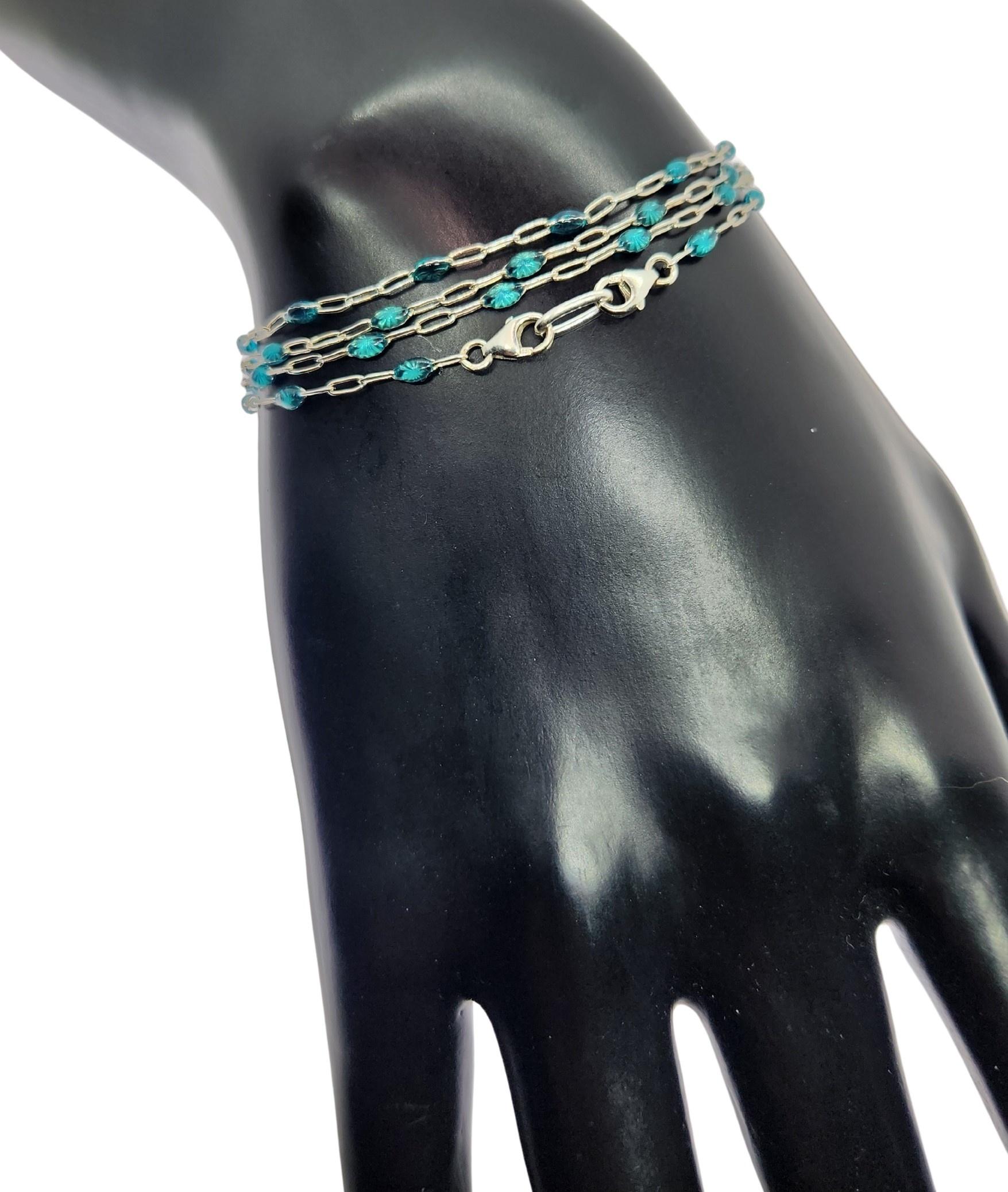 Women's or Men's Sterling Silver Chain with Stations Teal Enameled Marquise Shapes Wrap Bracelet For Sale