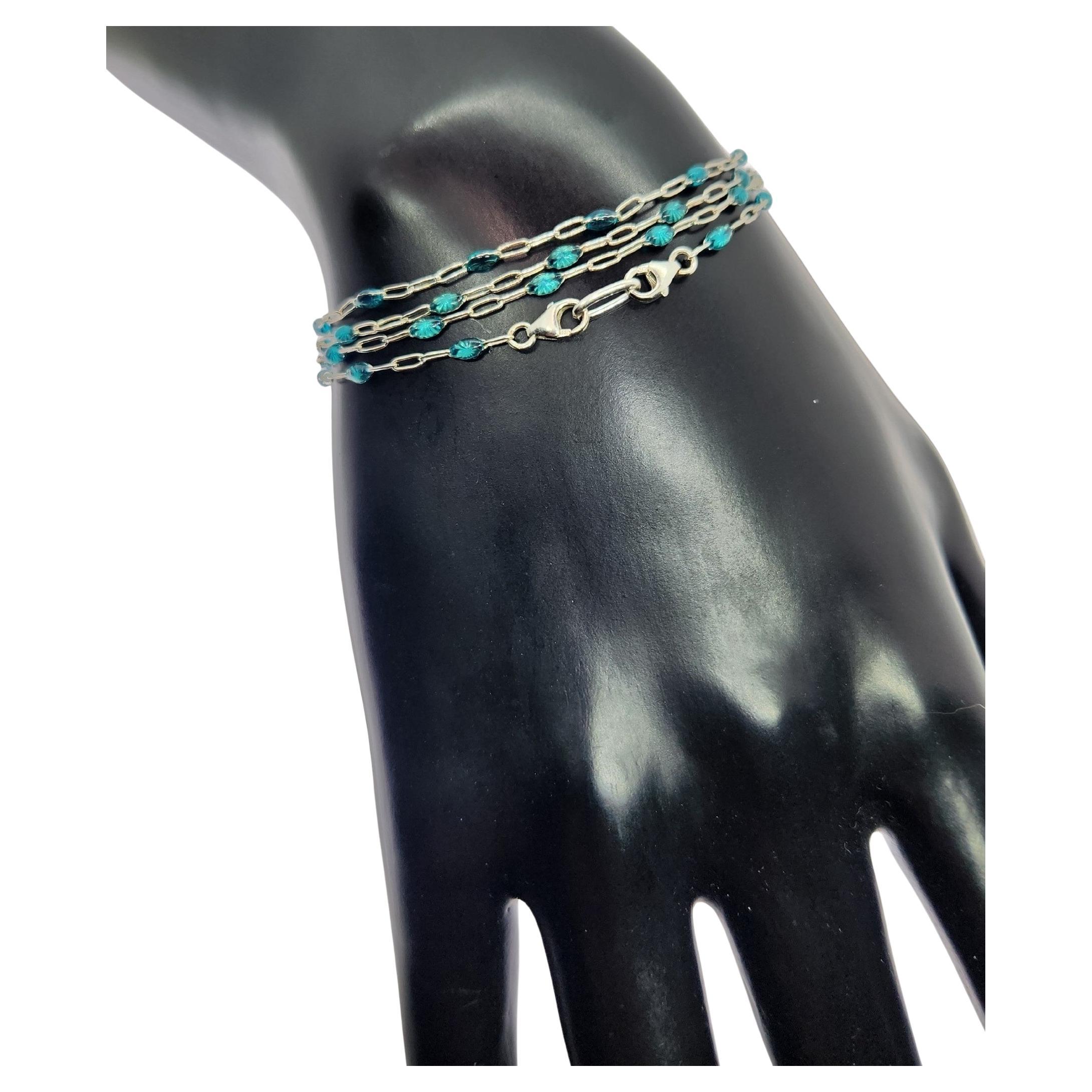 Sterling Silver Chain with Stations Teal Enameled Marquise Shapes Wrap Bracelet For Sale