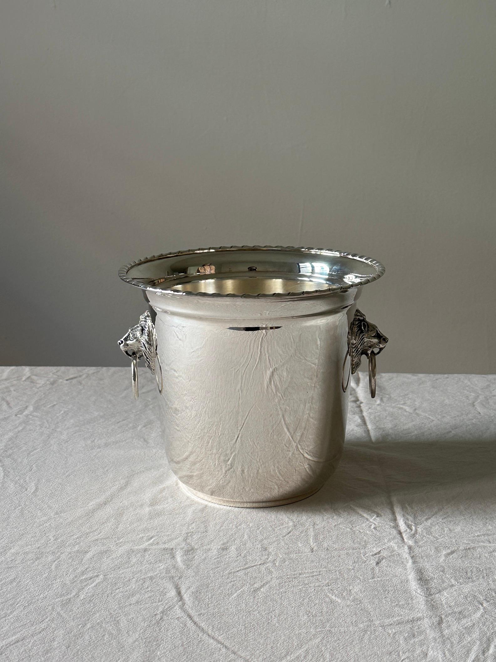 Italian Sterling Silver Champagne Bucket or Wine Cooler with Lion Heads For Sale