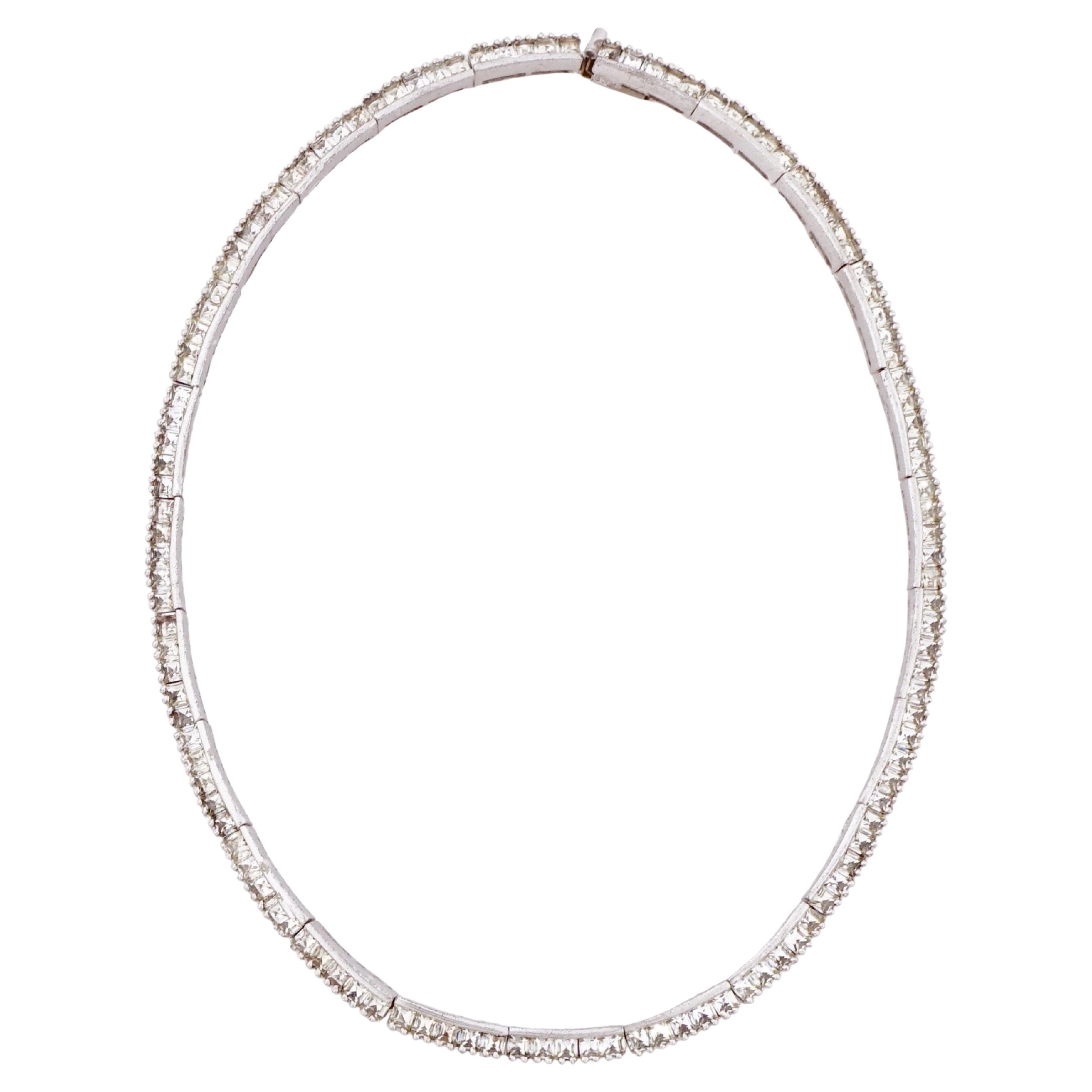 Sterling Silver Channel Set Crystal Link Choker Necklace, 1950s For Sale