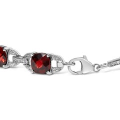 Sterling Silver Checkered Cushion Red Garnet and Diamond Accent Link Bracelet